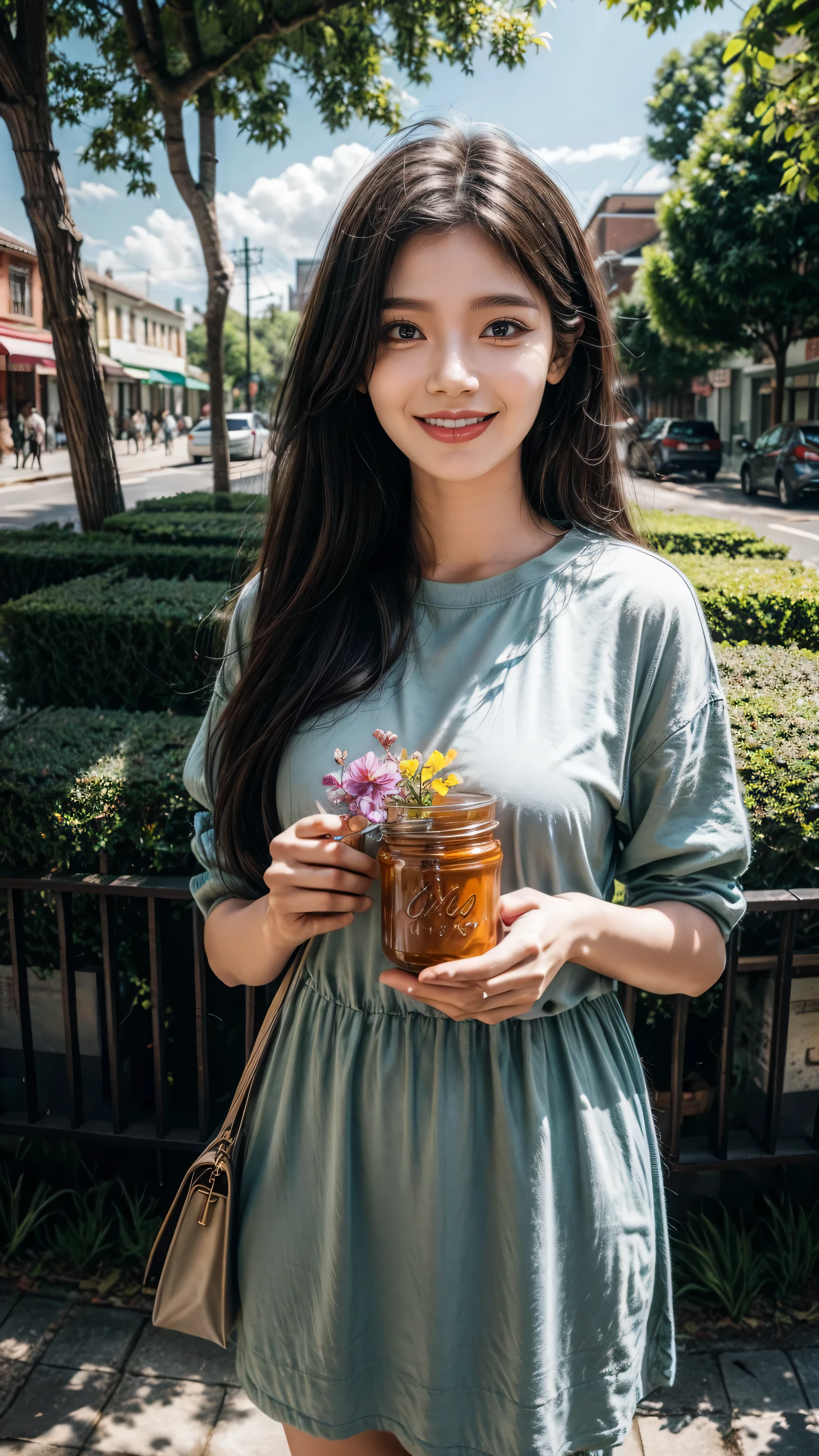 A girl stood there，With a big smile on your face, Holding a jar of magic paint in hand. Surrounded by a magical and colorful environment, There are colorful flowers, Vibrant trees and a rainbow-filled sky. 4K resolution