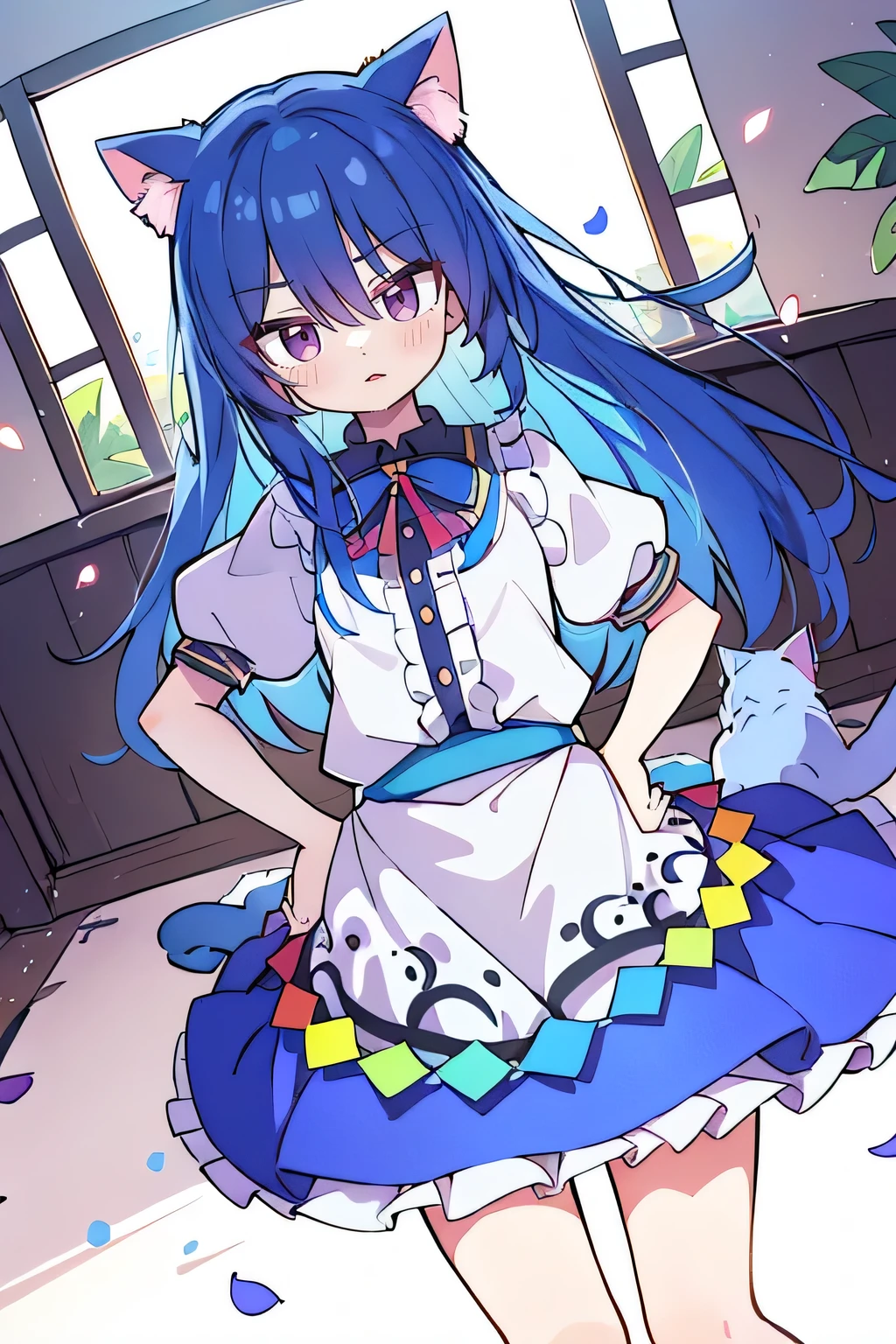 (masterpiece),best quality, expressive eyes, perfect face, 1girl,
 Put your hands on your waist,fair, Gorgeous,Japanese cartoons,girl,lola,Hina Angel, blue hair, blue haired, floating clothes,Grab your waist, Grab your waist, hands on hips , hands on hips,sit, sit on ground, Legs on the ground, flat chest,cat ears,Petals fall,Sitting in the summerhouse,summerhouse,