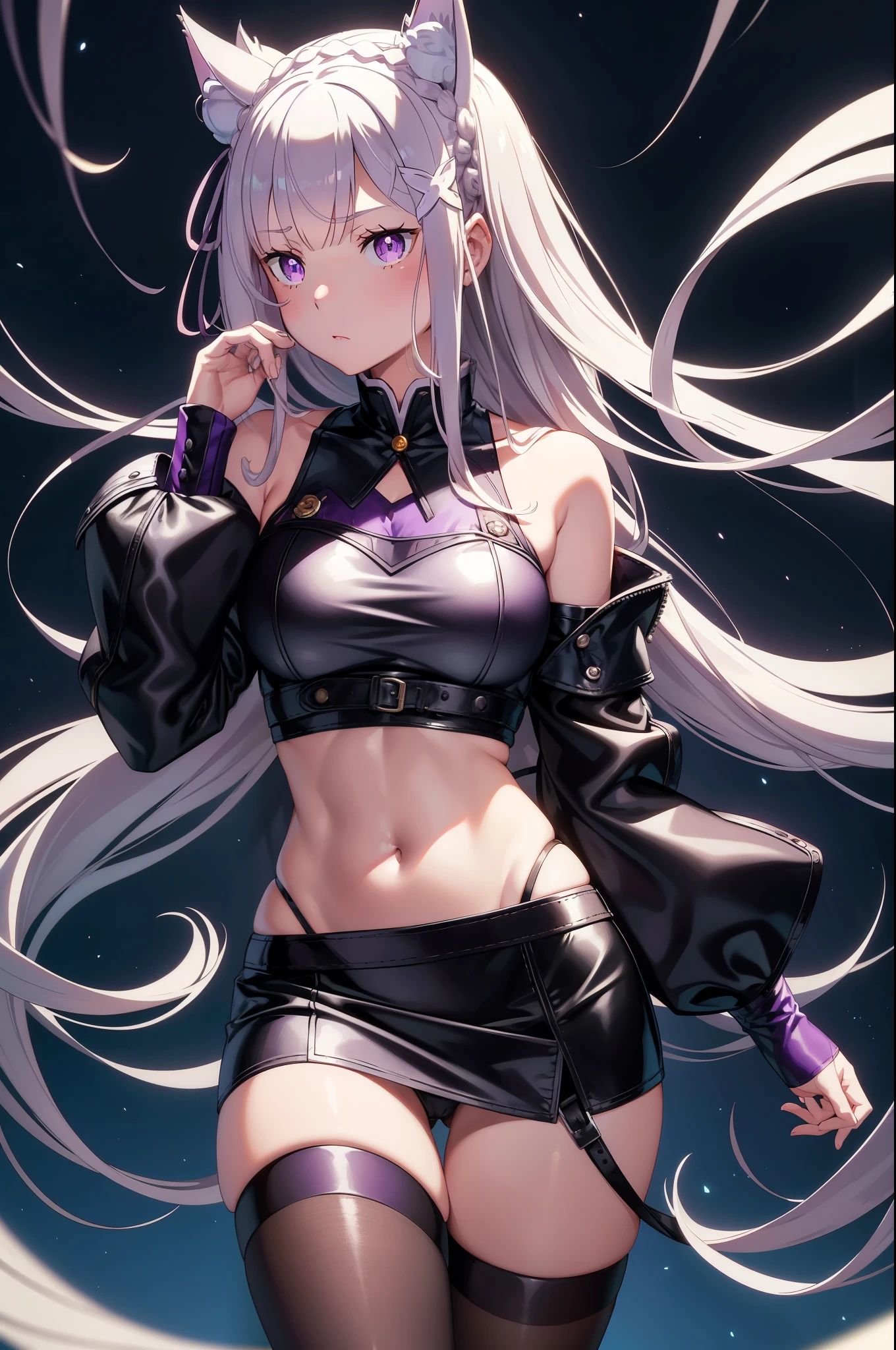 young girl, Emilia Re:zero, Emilia, crown braid, x hair ornament, flower hair ornament, white hair, long hair, medium breasts, purple eyes,  cat ears, purple eyes, leather jacket, briefs, tear a stocking, black top, open your stomach, Lots of scars, nippers, fury, masterpiece, high quality