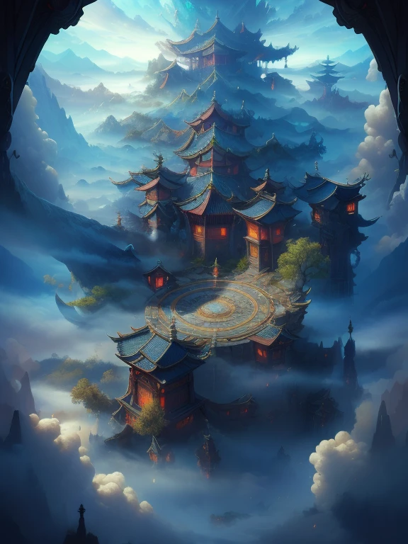 masterpiece,highres,gufengmap, great building,aura,Clouds and mist swirled around