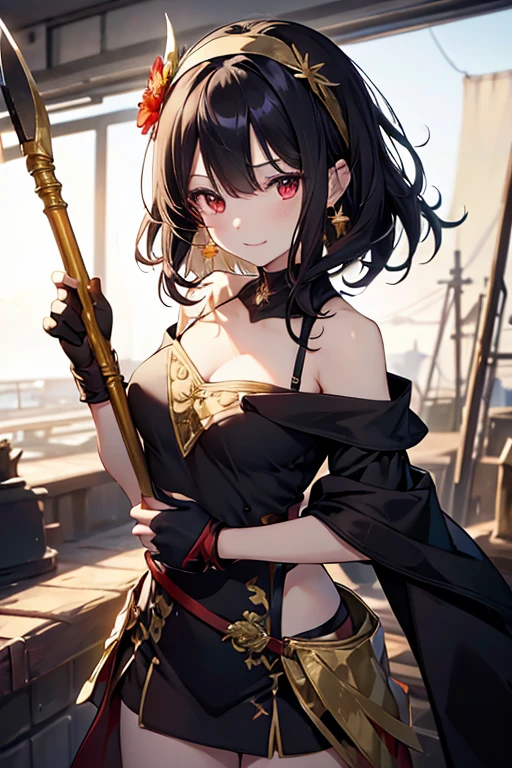 yor briar, anime style beutiful woman, 1girl, happy, smile, red face, closed mouth, beautiful detailed eyes, super detailed skin, backlighting, bare shoulders, black background, black dress, black gloves, black hair, breasts, dress, earrings, fingerless gloves, floating hair, floral print, flower, gloves, gold earrings, gold hairband, hair flower, hair ornament, hairband, holding, holding weapon, jewelry, large breasts, long hair, looking at viewer, off-shoulder dress, off shoulder,red eyes, short hair with long locks, sidelocks, solo, spikes, thighs, two-sided dress, two-sided fabric, weapon, fighting stance , face, close up, from above, highest quality, high resolution. 