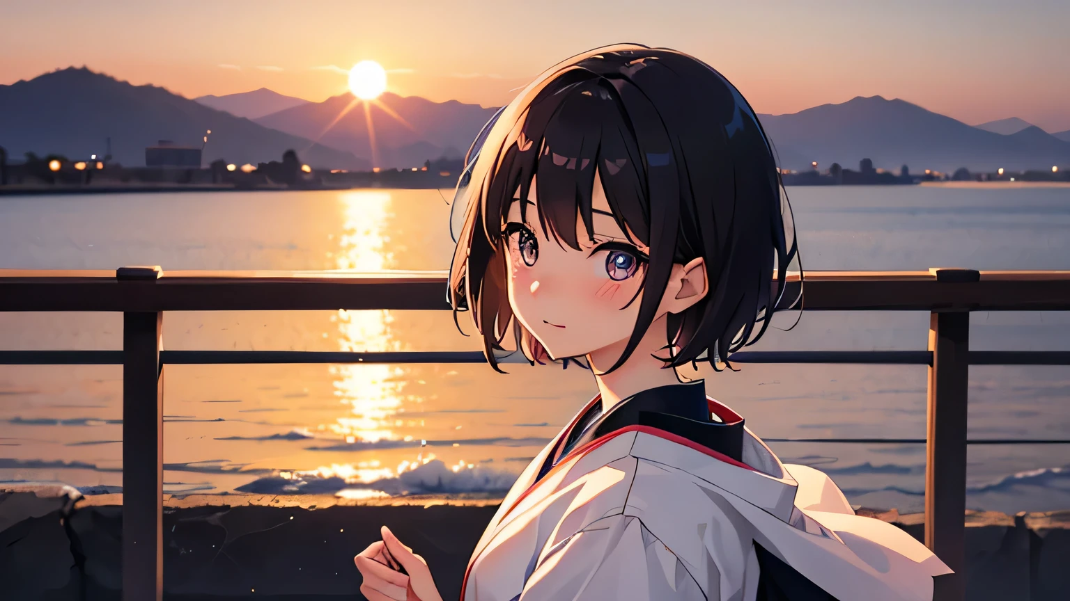 Beautiful girls　one person　Sunset　evening　Japanese anime style　Short Hair　Blushing　Perfect Eyes　