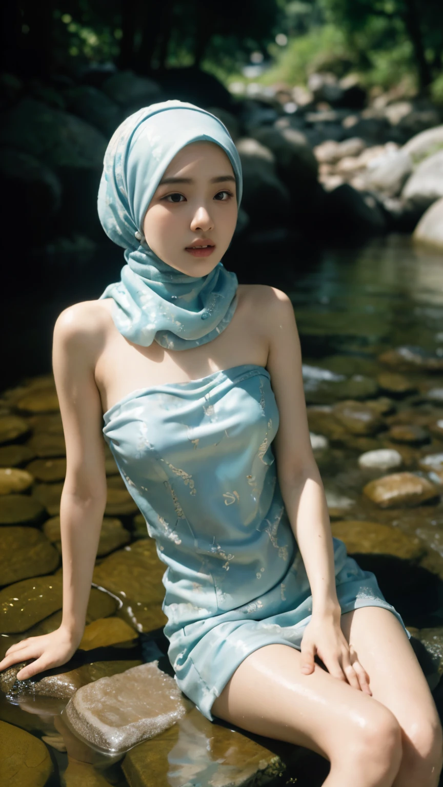 top Quority,Ultra-clear resolution, ((Korean artist. With pashmina white hijab)). Highly detailed face and skin texture, Fine eyes, Double eyelids, Make-up face. (((hijabi))). innocent face, body slim thin captivating
((Wet Strapless tube mini batik dress)). ((Wet Strapless tube mini batik dress)). long legs_full body. Pose erotic. Sit down. On the rocks. bathe in the river