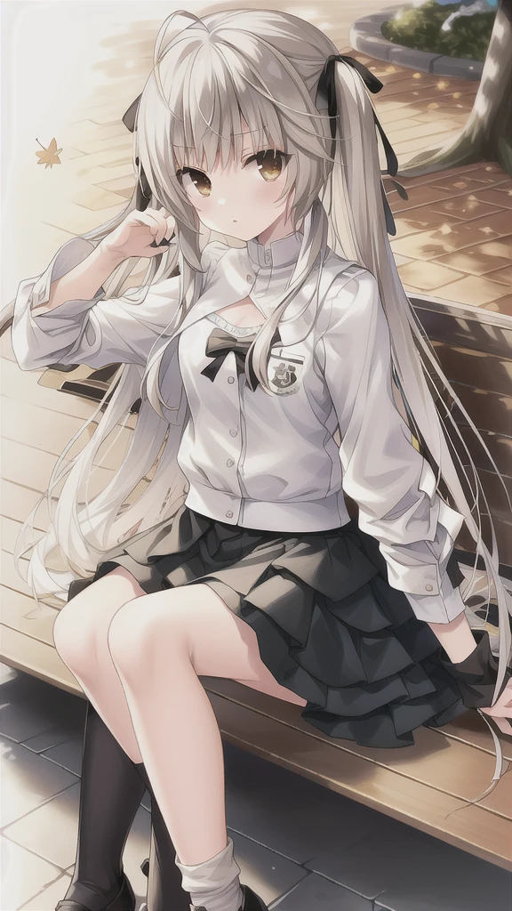 ((masterpiece:1.4, best quality)) ,Kasugano Sora,1 cool girl,Brown eyes,Plush Toys,Stuffed Animals,stuffed bunny,,Happy,eternity，Black knee-high socks Jane Shoes，Black jacket with white T-shirt，White scarf，autumn，Sit on a park bench，drinking milktea，Maple leaves falling