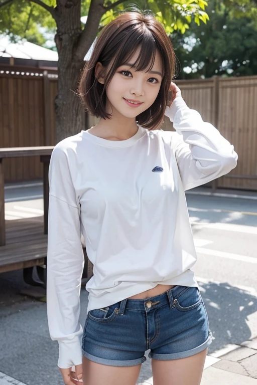 cute japanese college student、21 years old、Super detailed face、Attention to detail、double eyelid、Beautiful thin nose、Sharp focus:1.2、Beautiful woman:1.4、(Brown Hair、Medium Bob Hair)、（Detailed facial features）、Brunette eyes、natural bangs、White skin、highest quality、masterpiece、超A high resolution、(Photorealistic:1.4)、非常に詳細でプロフェッショナルな照明のsmile、looking at the camera、Bright lighting、Professional Lighting、Smooth lighting、One person is standing、(Long sleeve cycling jersey), (Berry Shorts)、（Outdoor）、hot pants、smile、Wavy Hair