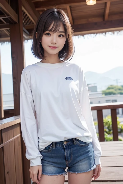 cute japanese college student、21 years old、Super detailed face、Attention to detail、double eyelid、Beautiful thin nose、Sharp focus:1.2、Beautiful woman:1.4、(Brown Hair、Medium Bob Hair)、（Detailed facial features）、Brunette eyes、natural bangs、White skin、highest quality、masterpiece、超A high resolution、(Photorealistic:1.4)、非常に詳細でプロフェッショナルな照明のsmile、looking at the camera、Bright lighting、Professional Lighting、Smooth lighting、One person is standing、(Long sleeve cycling jersey), (Berry Shorts)、（Outdoor）、hot pants、smile、Wavy Hair