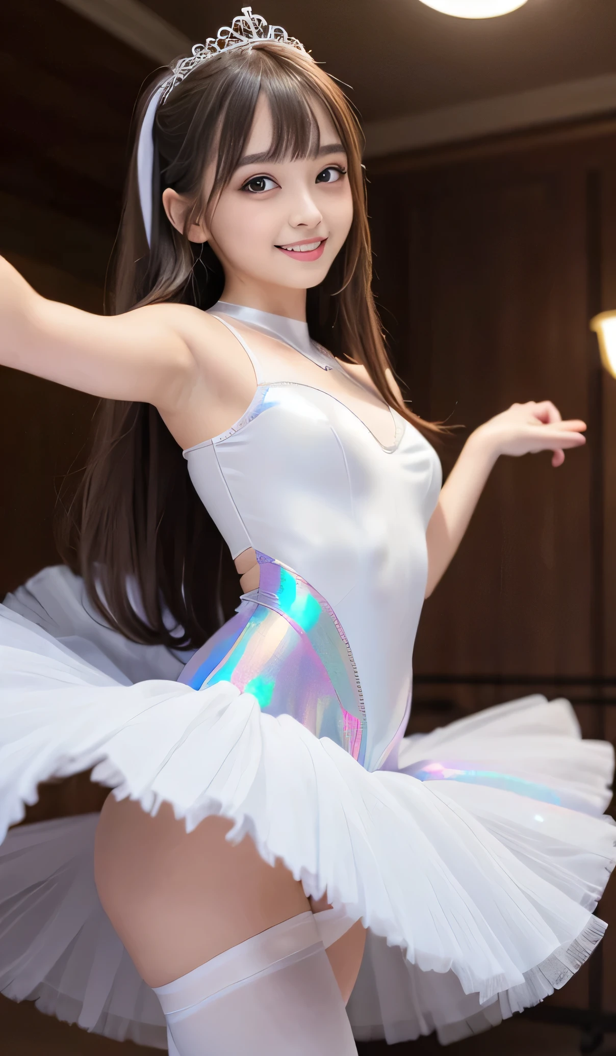 Angelic Very beautiful cute young girl, Beautiful detailed eyes, Detailed double eyelids, (Large eyes:1.3), Long straight brown hair, see-through bangs, beautiful detailed face and eyes, small straight nose,
smiling, BREAK (costume tutu for ballet:1.4),(Super Shiny white transparent holographic Costume:1.3) ,(Very beautiful cute girl:1.2), Very beautiful cute young girl, Beautiful detailed eyes, Detailed double eyelids, (Large eyes:1.3), Long straight brown hair, see-through bangs, beautiful detailed face and eyes, laughing, break
(Very beautiful cute girl, Beautiful detailed eyes, Detailed double eyelids:1.3), (Soft Saturation: 1.3), (Fair skin: 1.4), (Large eyes:1.4), break
Very beautiful cute girl, Sharp Focus, brown hair, Very beautiful cute girl, Raw photo, High resolution, perfect detail, Professional Photography, Professional Lighting, strong lighting,
break
(smile:1.6),
Beautiful legs