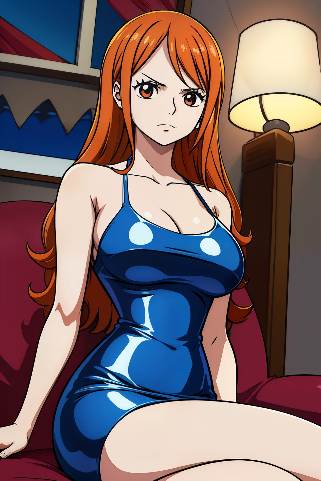 chicas lindas,ojos marrones redondos, cabello naranja、sin sujetador、Peinado liso medio a largo，Tatuaje de molino de viento en el hombro izquierdo、（tetas grandes,Latex Tight Dress，lleva un vestido ajustado azul，En una casa de alquiler，sitting on the couch，Noche，estaba lloviendo afuera，Upper body is wet..,cuerpo entero,she wears a blue latex dress,desnuda