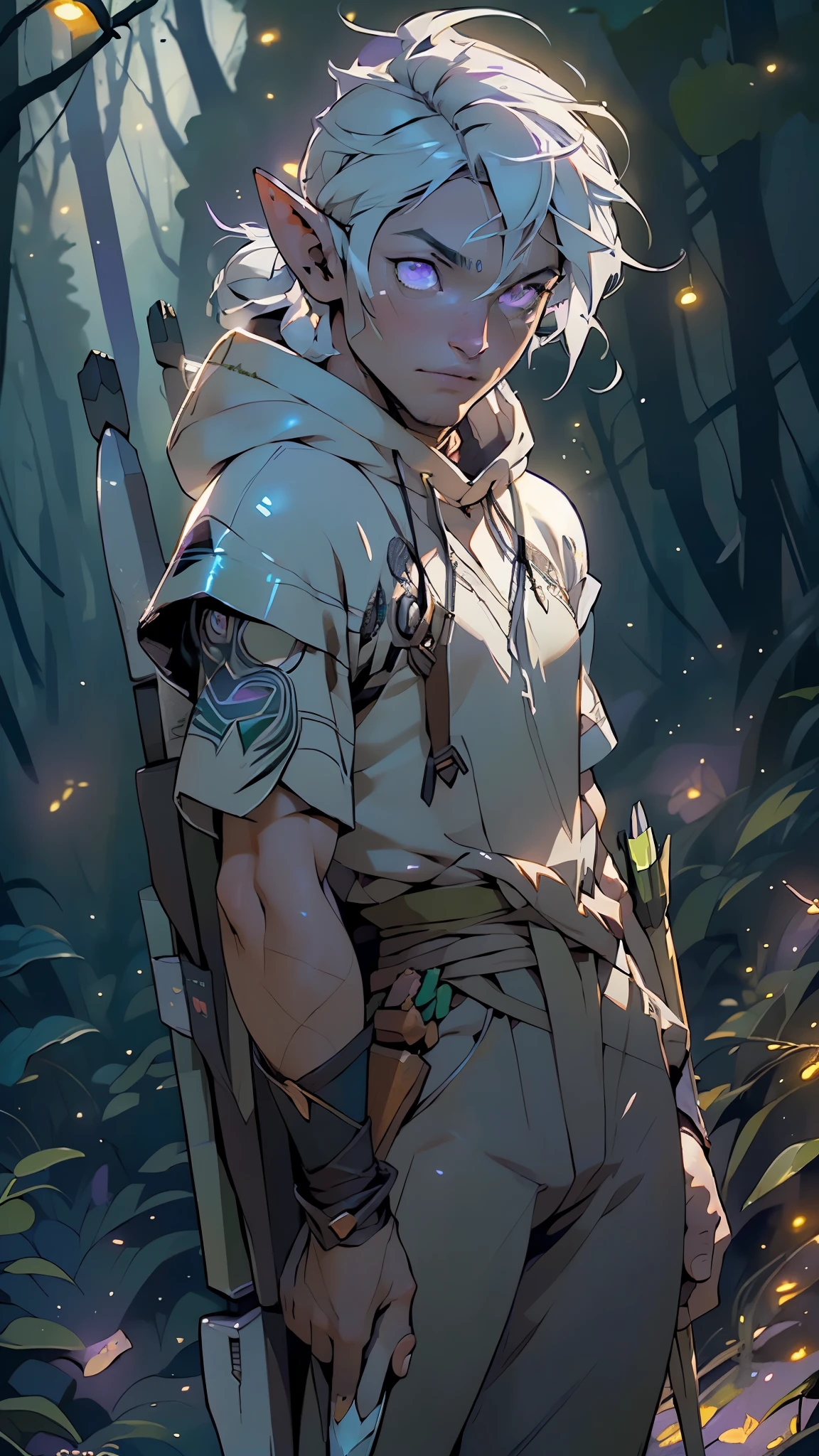 dark elf male,((man:1.5)),1 man,elf_male,dark elf,
(male,muscle,1boy,1 boy,pectoral,man chest,muscular),25 year old man,young,((1male,1 male,1man,man,male gender:1.5,handsome man,male focus)),(((elf))),(((elf ears))),
dark elf, pointed ears,(((purple_eyes:1.3))),intricate eyes,beautiful detailed eyes,symmetrical eyes,(((dark skin:1.5))),white hair,(((lustrous skin:1.5,bright skin: 1.5,skin tanned,shiny skin,very shiny skin,shiny body,plastic glitter skin,exaggerated shiny skin,illuminated skin))),
young handsome male,((detailed face)),
serious face,
(light armor,greatcoat,layered clothing,archer,(purple cape with hood:1.2,purple_cape,hood)),((purple pants,bulge in pants)),((intricate outfit,intricate clothes,purple theme,black theme)),((quiver with arrows:1.5,arrow quiver:1.5)),
(dynamic pose:1.0),serious attitude,(centered,scale to fit dimensions,Rule of thirds),medium shot,
((((many fireflies,fireflies,glowing fireflies,fireflies in the background)))),
((forest rainy day, at night)),with dark stormy clouds,winter,scenery:1.25,intricate scenery,((forest rainy day background)),
(Glossy winter ornaments),highres,sharp focus,(ultra detailed,extremely detailed),(photorealistic artwork:1.37),(extremely detailed CG unity 8k wallpaper),(((vibrant colors,vibrant theme))),(intricate),(masterpiece),(best quality),artistic photography,(photography taken by sldr),(intricate background),perfect rendered face,perfect face details,realistic face,photo realistic,((intricate detail)),(((realism))),