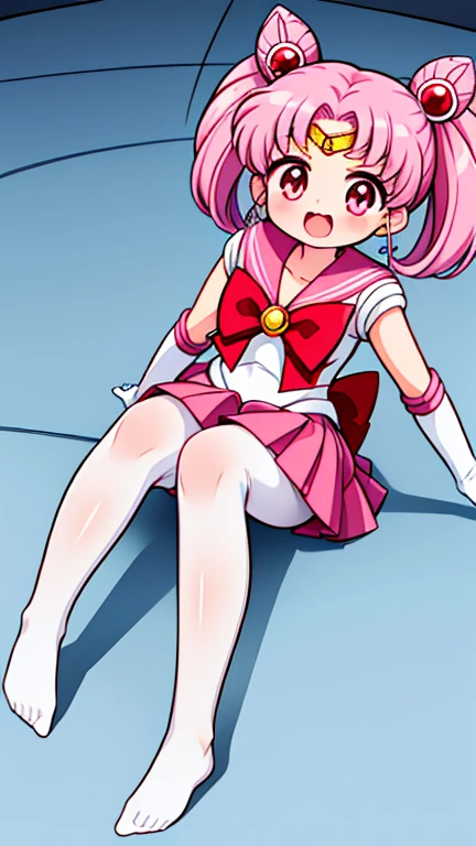 Sailor Moon，young年，Seven years old，cute，（Little Loli），Pink hair twintails，short hair，Sailor Suit，Red bow，White elbow gloves，Red Skirt，No shoes，Open your mouth，laughing out loud，Fangs，(White pantyhose),soles of feet，Soles，(young)，(little man)，sit