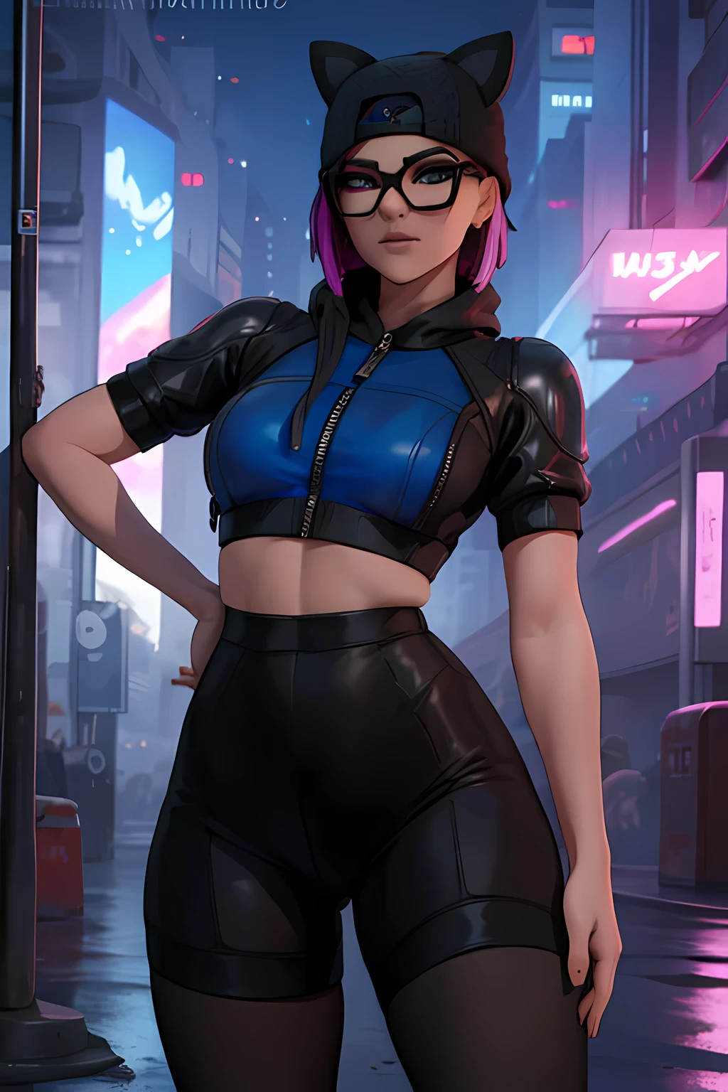 Traje de lino Cyberpunk, Noche, pulsera de picos,gorro de invierno , shorts negro con Azul leggins Negro ,chaqueta azul oscuro ,Extremadamente detallado, rostro detallado, gafas ,hermoso rostro, ojos finos, mirando al espectador, pose femenino.