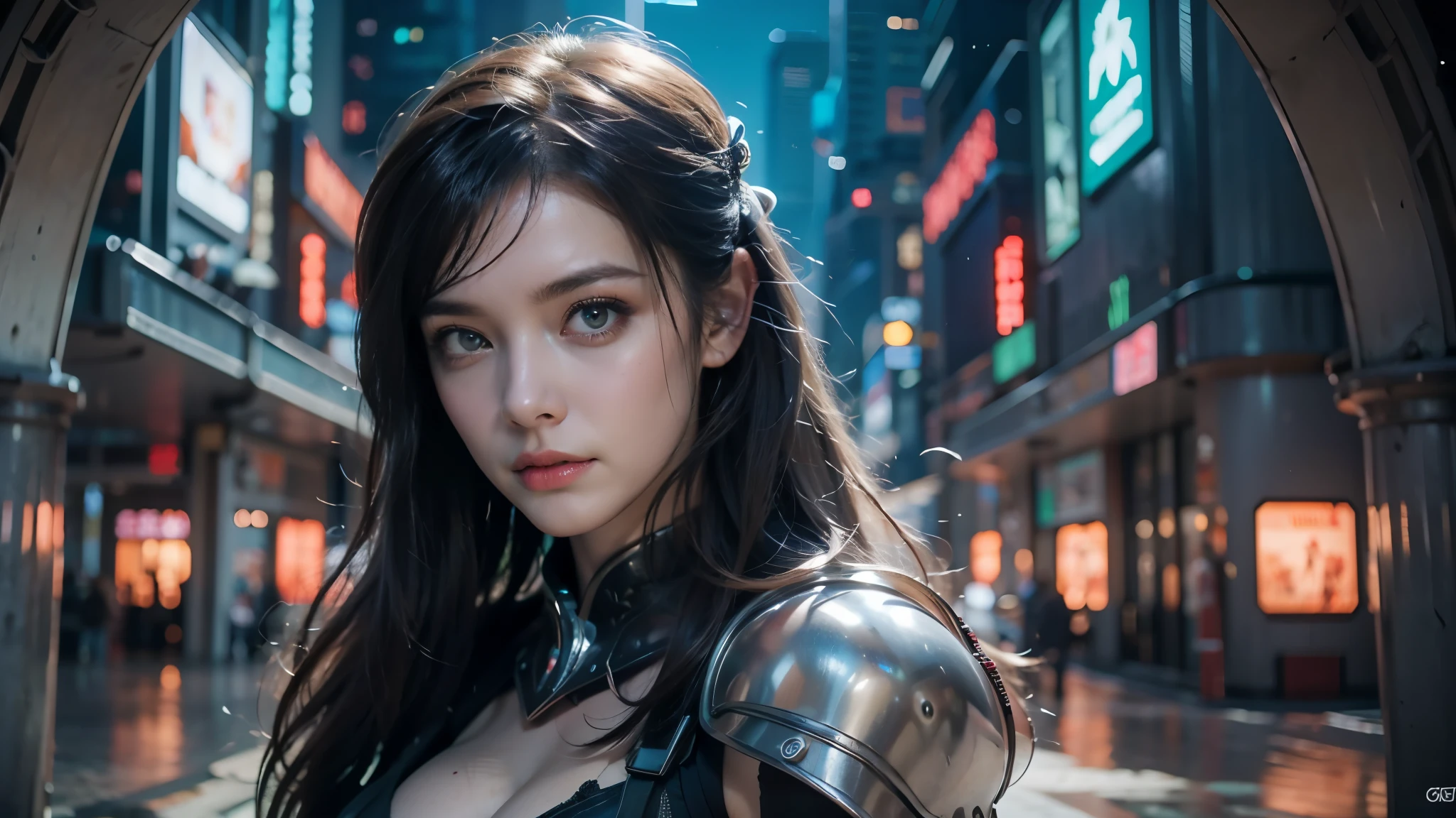 masterpiece,best quality,high resolution,8k,(Portrait Photos:1.5),(R Original Photo),real picture,Digital Photography,(Combination of cyberpunk and fantasy style),(individual),20-year-old girl,Random Hairstyle,Cyberpunk City,Purple Eyes,By Bangs,(red eye breasts, Accessories,Closed mouth,Elegant and charming,Serious and arrogant,Calm and handsome,(Cyberpunk combined with fantasy style clothing,hollow-carved design,Large Breasts,Joint Armor,Photo poses,Realistic style,Gray World Background,oc render reflection texture,,futuristic city,Medium distance photography