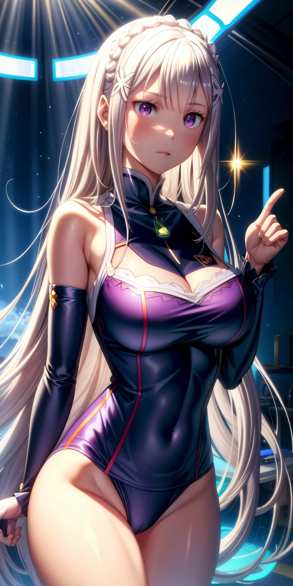 realisticlying，1girll，Emilia Re:zero, Emilia, crown braid, x hair ornament, flower hair ornament, white hair, long hair, medium breasts, purple eyes, ，high qulity,heart shape eye，glowing light eyes，sport underwear，Frontal view，dewpoint，blacksilk，Be red in the face，full bodyesbian，suns，rays of sunshine，huge tit，intricately details，screen space reflextions, RTX, edge lit, rim-light, edge lit, best illuminate,2K