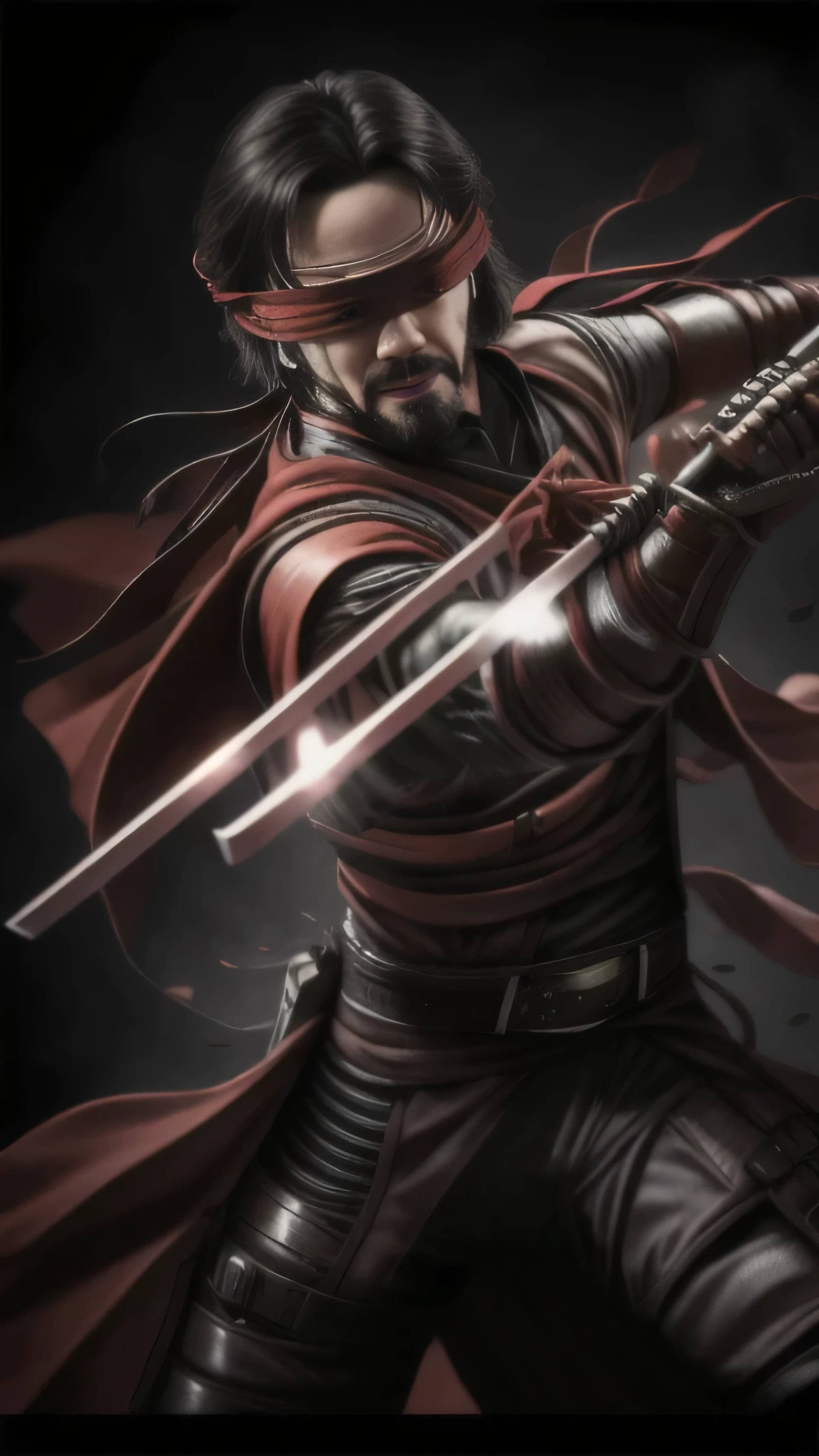 ((Keanu Reeves)) as Kenshi Takahashi from Mortal Kombat, ((red blindfold)), black ninja costume, katana, 1man, solo, full body view, intricate, high detail, sharp focus, dramatic, photorealistic painting art by greg rutkowski