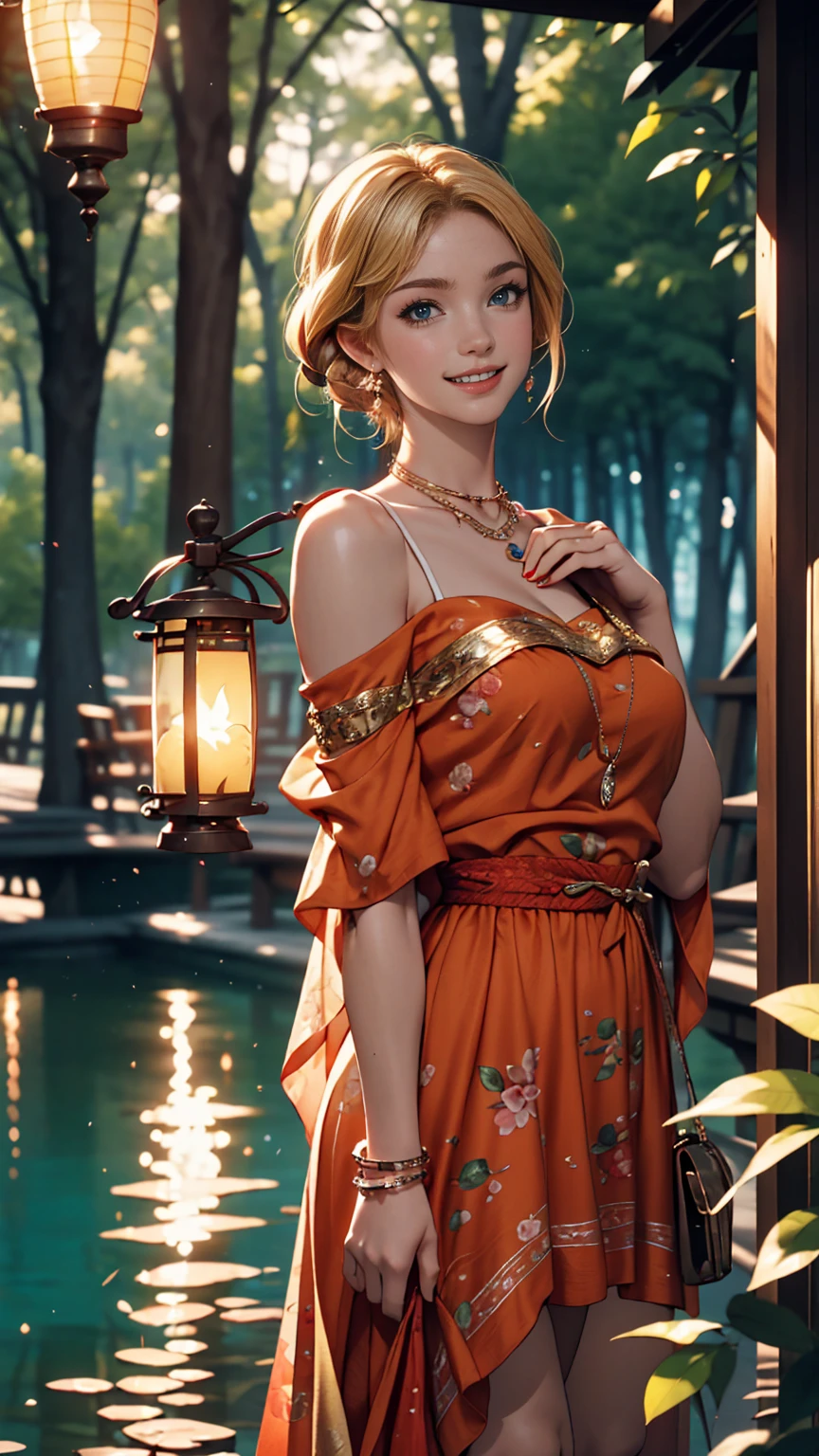 ((最high quality, 8K, masterpiece: 1.3, Ultra HD, high quality, 最high quality, High resolution, realism)) 、A 22-year-old extremely beautiful white woman、Hair color blonde、blue eyeedium Hair、Straight Hair、smile、Slender but well-proportioned body、Background blur((depth of field))、aerial perspective((atmospheric perspective))、I want my head to stay off screen、Wearing accessories on the wrist、Put an anklet on your ankle、Wearing red nail polish、I have a peticure、Disney((Disney))Tangled、Blonde long hair、Wear an off-the-shoulder dress、smile、A lake in the forest、A boat floating in the middle of a lake、Looking up at the many lanterns flying in the night sky