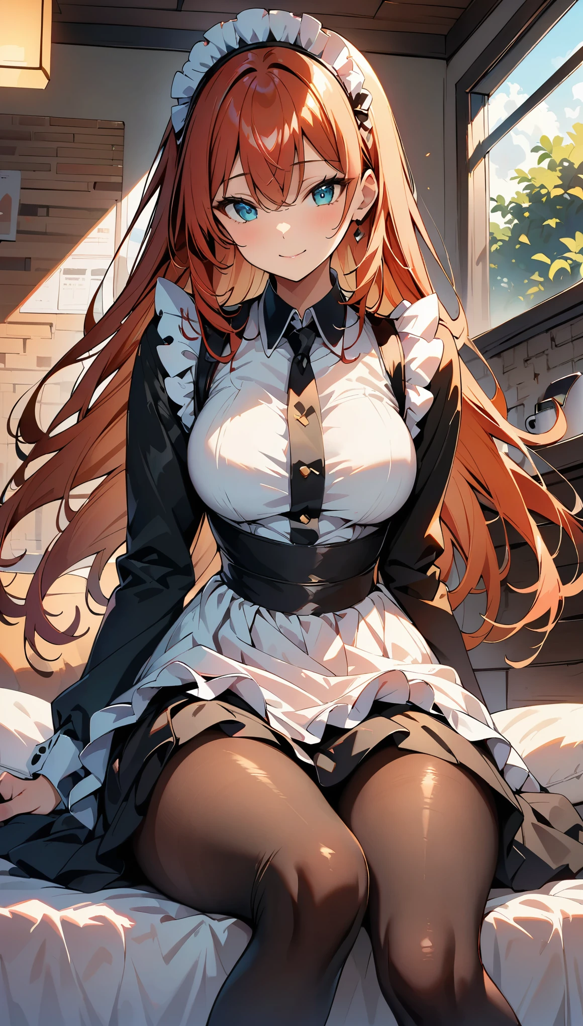 (high quality, 8k, 4K, High Contrast, masterpiece:1.2, 最high quality, Best aesthetics), beauty, Maid, Very detailed, Seductive and erotic girl with lace headdress, smile, (Redhead, Super long straight hair), Focus on the face, Focus on the face, Complex eyes, tights, 40デニールの黒tights, coffee shop, Sitting, Dynamic Angle,