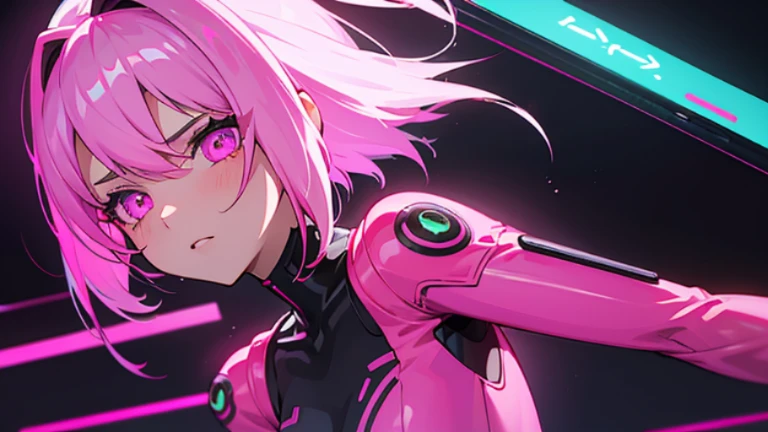 1 girl, pink neon ,Android, 女性Android , cyber punk,Rubber bodysuit, club,Dim lighting, neon signs,fc portrait, neon,cyber punk, Futuristic ,