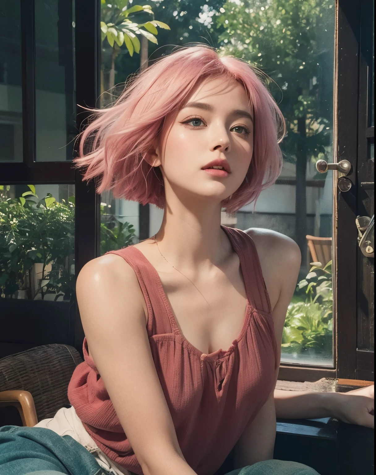 Pretty girl,pink hair, short hair,( green eyes 3.1 )