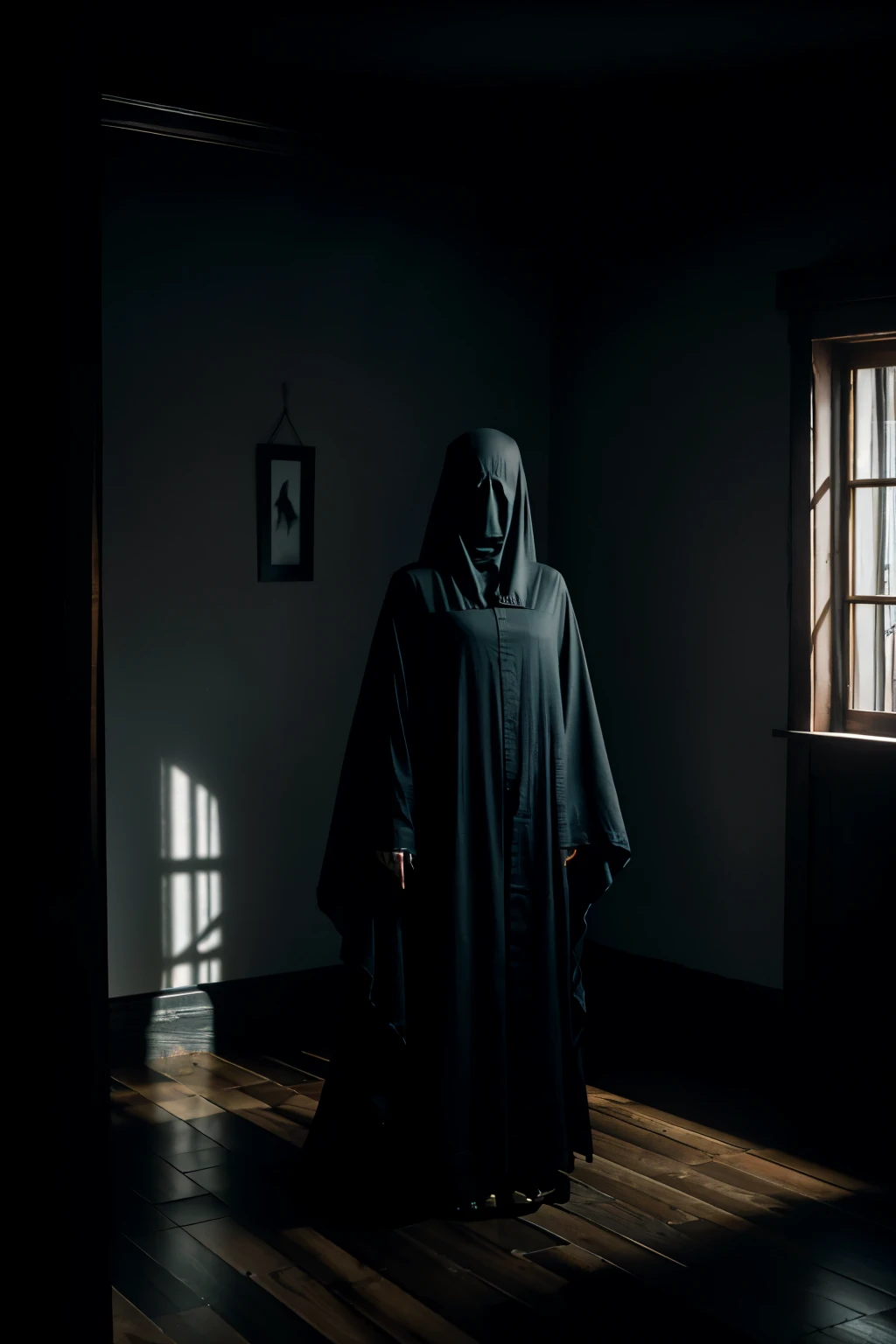 A black ghost with a tattered sheet hovering around it lingers in a wooden house, emitting an ominous and frightening atmosphere. The ghost's dark figure is contrasted against the dimly lit room, and its eyes glint with a chilling luminosity. The sheet it holds billows in the drafty air, creating an eerie sensation as it floats in mid-air. The wooden floor creaks beneath the weight of anticipation as the ghost's presence is felt in every corner of the room. best quality,masterpiece,ultrahigh res,photorealistic,raw photo,authentic skin texture,film grain,character portrait,close-up,narrow waist