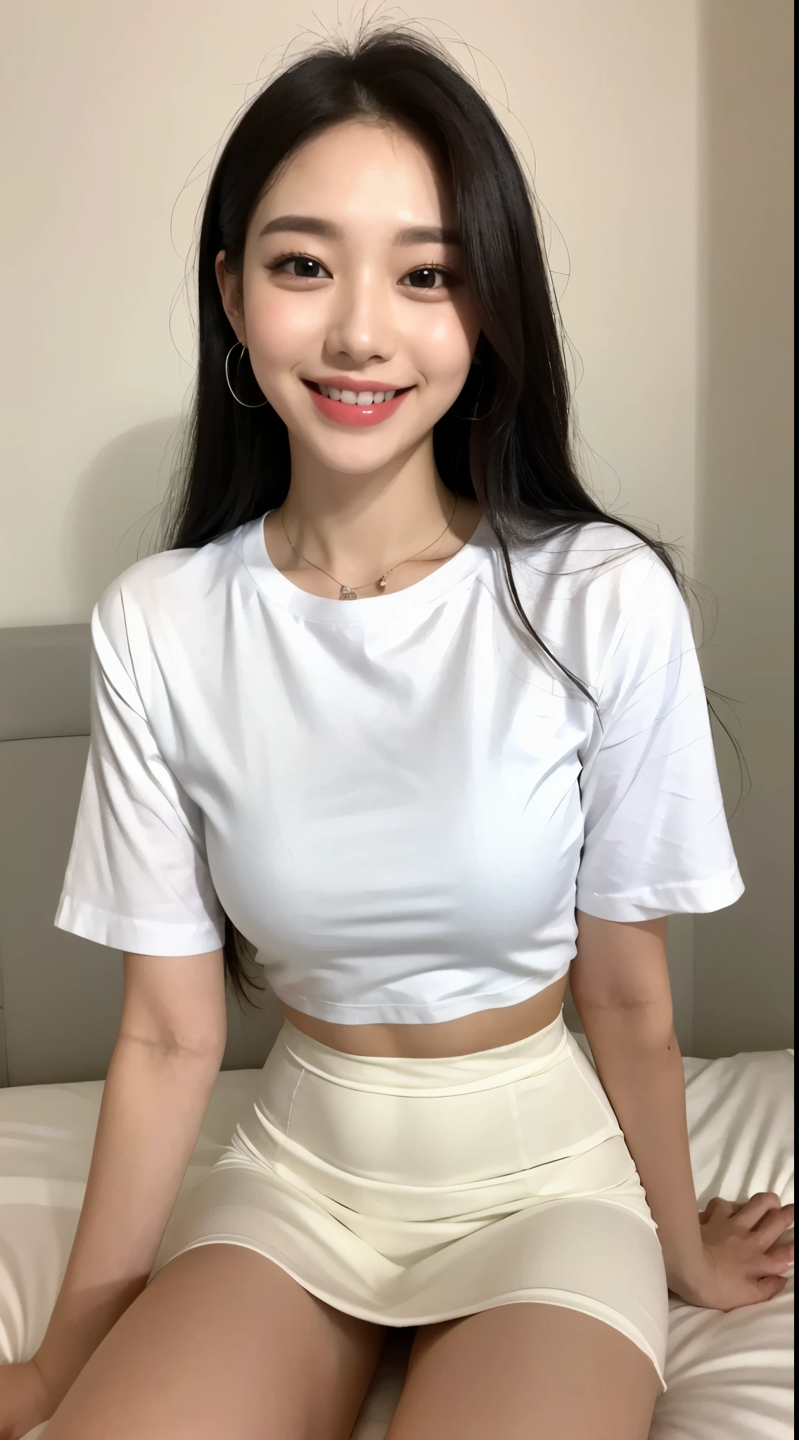 White tight shirt、White tight mini skirt、bed、smile、Short sleeve、high resolution、Korean idol face、double eyelid、White teeth