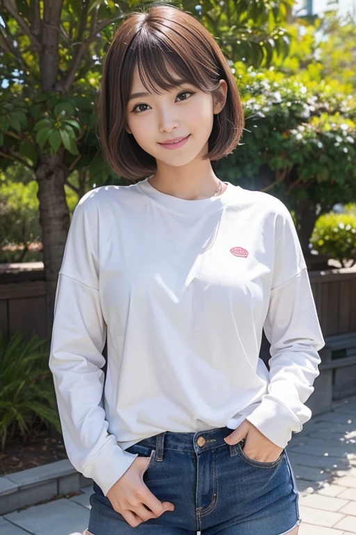 cute japanese college student、21 years old、Super detailed face、Attention to detail、double eyelid、Beautiful thin nose、Sharp focus:1.2、Beautiful woman:1.4、(Brown Hair、Wave Bob Hair)、(Detailed facial features)、Brunette eyes、natural bangs、White skin、highest quality、masterpiece、超A high resolution、(Photorealistic:1.4)、非常に詳細でプロフェッショナルな照明のsmile、looking at the camera、Bright lighting、Professional Lighting、Smooth lighting、One person is standing、(Cute long sleeve cycling jersey), (Berry Shorts)、(Outdoor)、hot pants、smile、