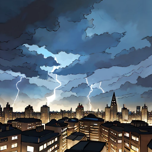 pkmn, Detailed painting of a majestic lightning storm over a city at night, with vibrant colors and intense contrasts. The painting should be rendered in a realistic style, capturing every intricate detail of the lightning bolts and the cityscape below. The lightning bolts should be electrifying, illuminating the dark sky with their brilliance. The city should be depicted with a mix of modern and historical buildings, showcasing the diversity of architectural styles. The scene should have an ominous atmosphere, evoking a sense of awe and power. The painting should be of the highest quality, with a resolution of 4k or higher, capturing the fine details of the storm and the cityscape. The lighting should be dramatic, with the lightning bolts casting dynamic shadows and highlights on the buildings and the stormy sky.
