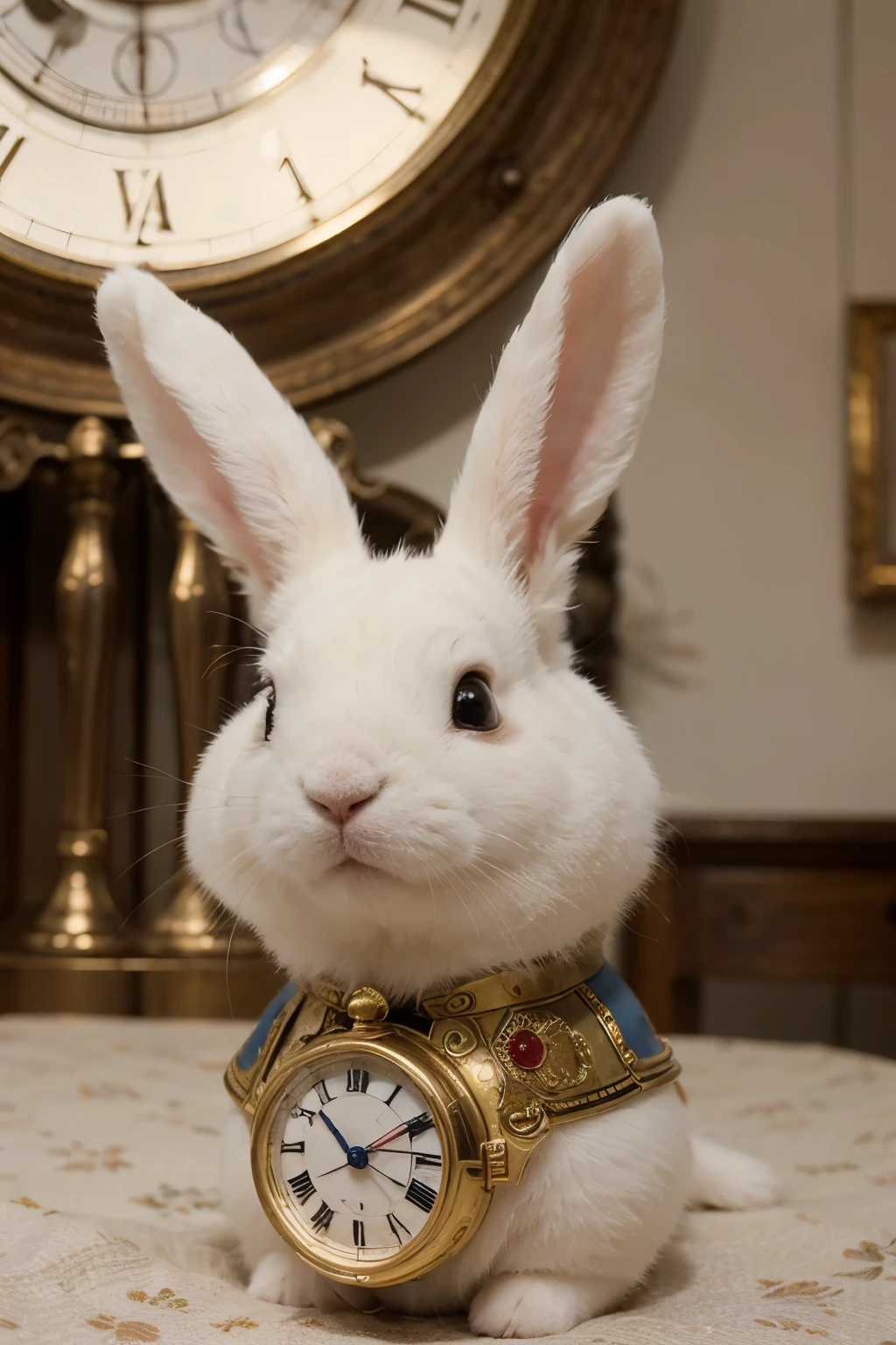 ((best quality)), ((masterpiece)), (detailed), perfect face a white rabbit with a clock from Alice's Adventures in Wonderland