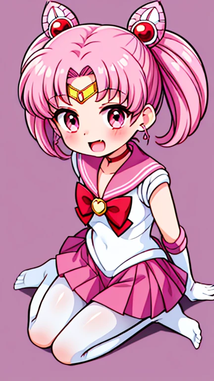 Sailor Moon，young年，Seven years old，cute，（Little Loli），Pink hair twintails，short hair，Sailor Suit，Red bow，White elbow gloves，Red Skirt，No shoes，Open your mouth，laughing out loud，Fangs，(White pantyhose),soles of feet，Soles，(young)，(little man)，sit