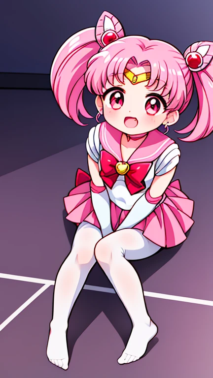 Sailor Moon，young年，，cute，（Little Loli），Pink hair twintails，short hair，Sailor Suit，Red bow，White elbow gloves，Red Skirt，No shoes，Open your mouth，laughing out loud，Fangs，(White pantyhose),soles of feet，Soles，(young)，(little man)，sit