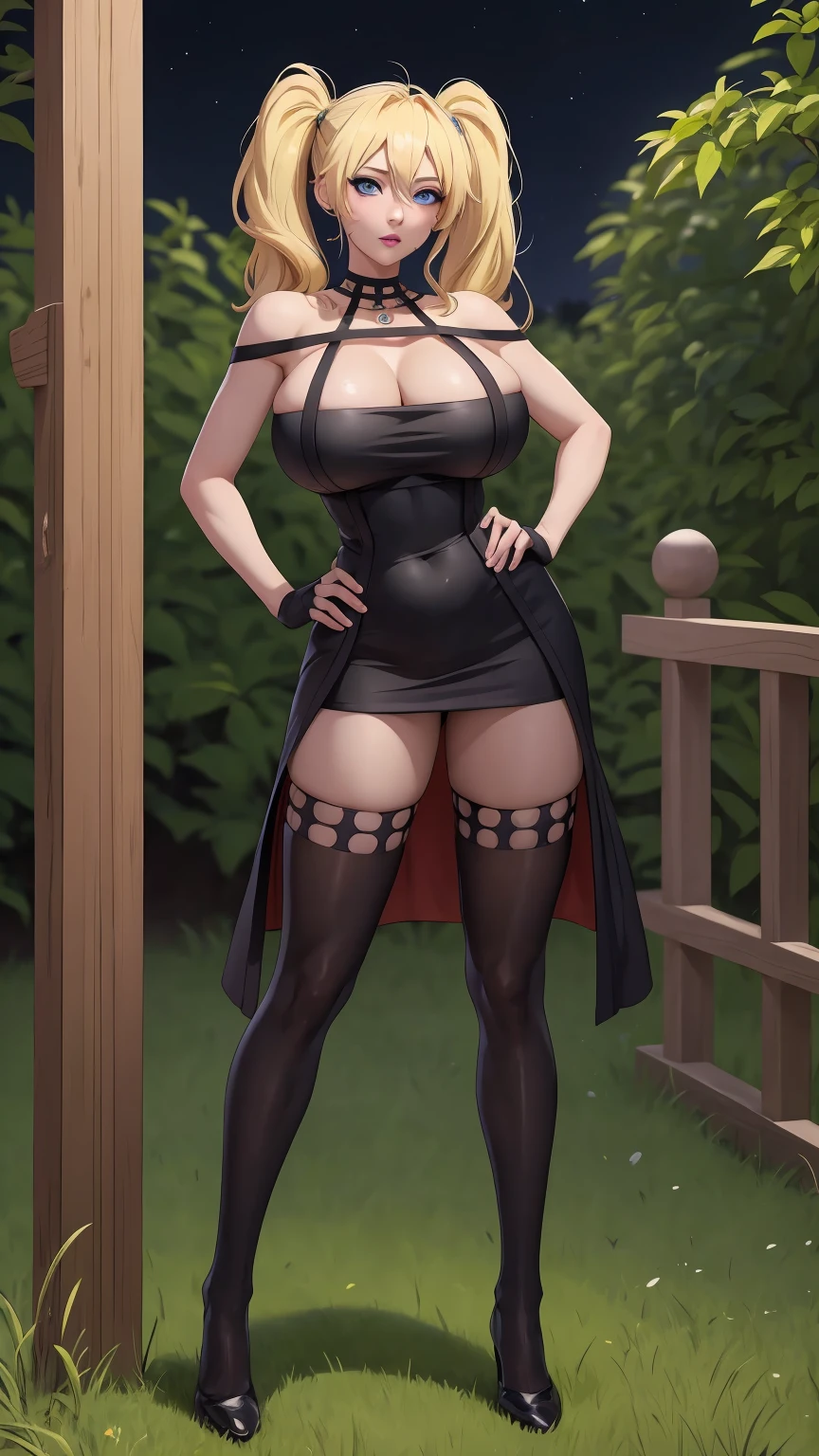 masterpiece, best quality, extremely detail 8k cg, high resolution, 1girl, narukouzumaki, twintails, wisker marks, blonde hair, blue eyes, perfect eyes, slim body, huge breasts, fakebreasts, standing, black dress, black thighhighs, black gloves, seductive face, outdoors, garden, night time, beautiful face, wide shot photo, full body