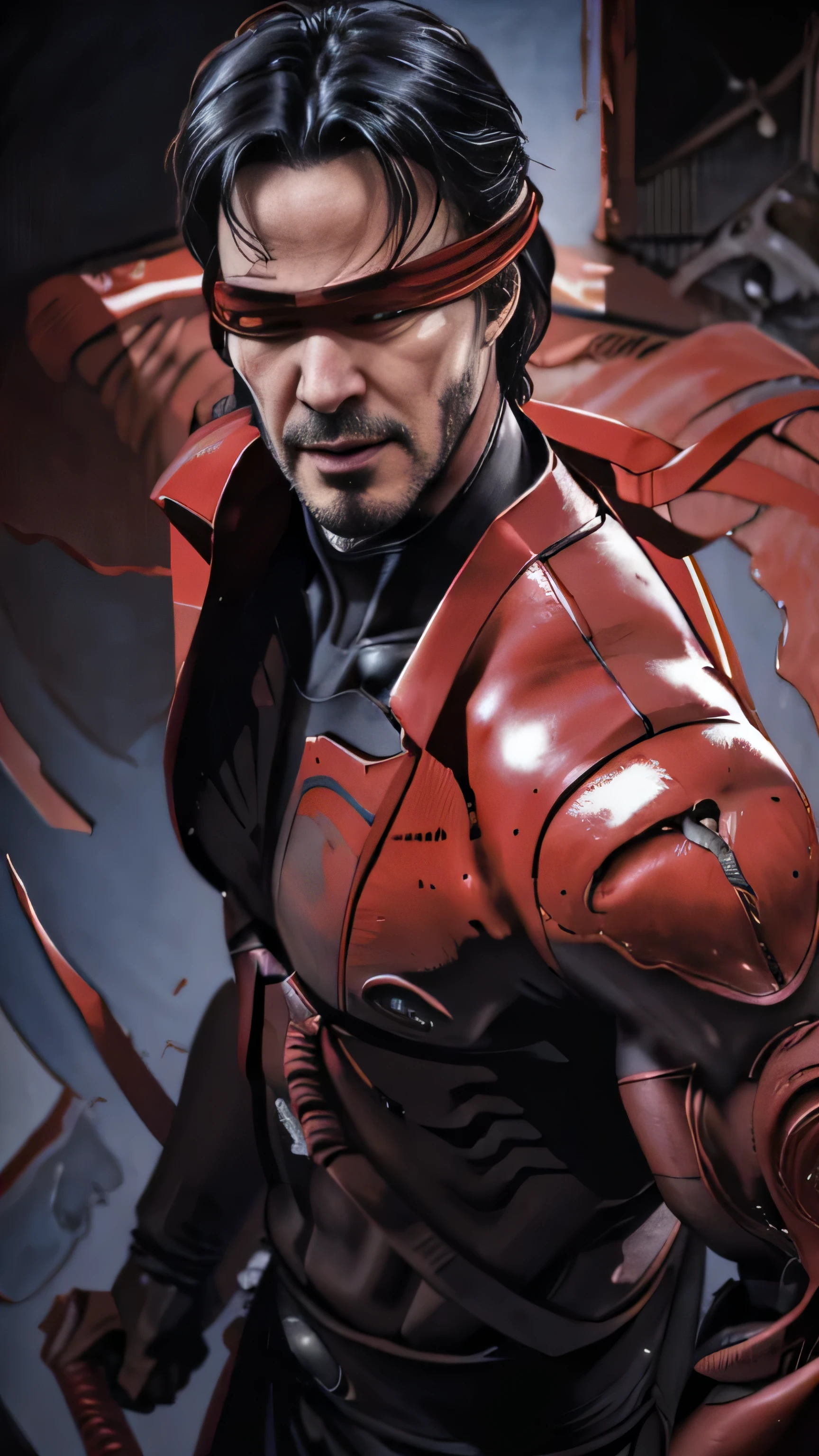 ((Keanu Reeves)) as Kenshi Takahashi from Mortal Kombat, ((red blindfold)), black ninja costume, katana, 1man, solo, full body view, intricate, high detail, sharp focus, dramatic, photorealistic painting art by greg rutkowski