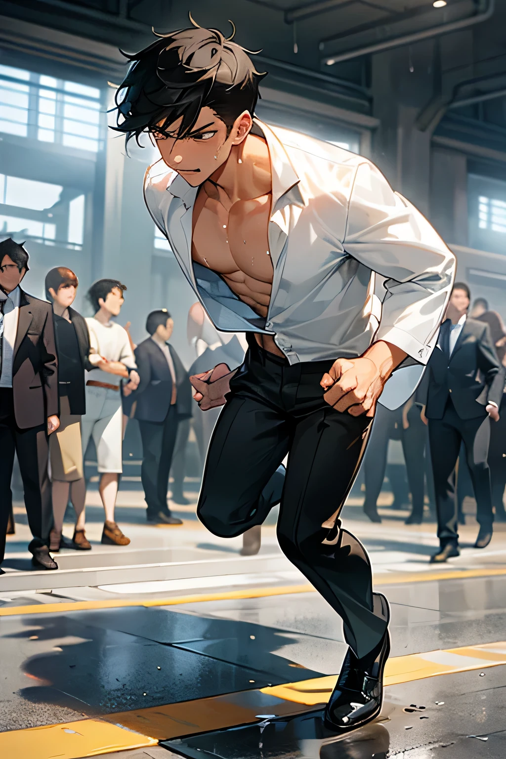 shirtless handsome manly short black hair caucasian male in open white loose long-sleeved shirt, the shirt is untucked, the shirt is sweat-drenched, soaking wet, drenched with sweat, black pants, black leather shoes, sweating profusely, exhausted, panting, running outside the train station, the train station is crowded with people and passengers, sunny day