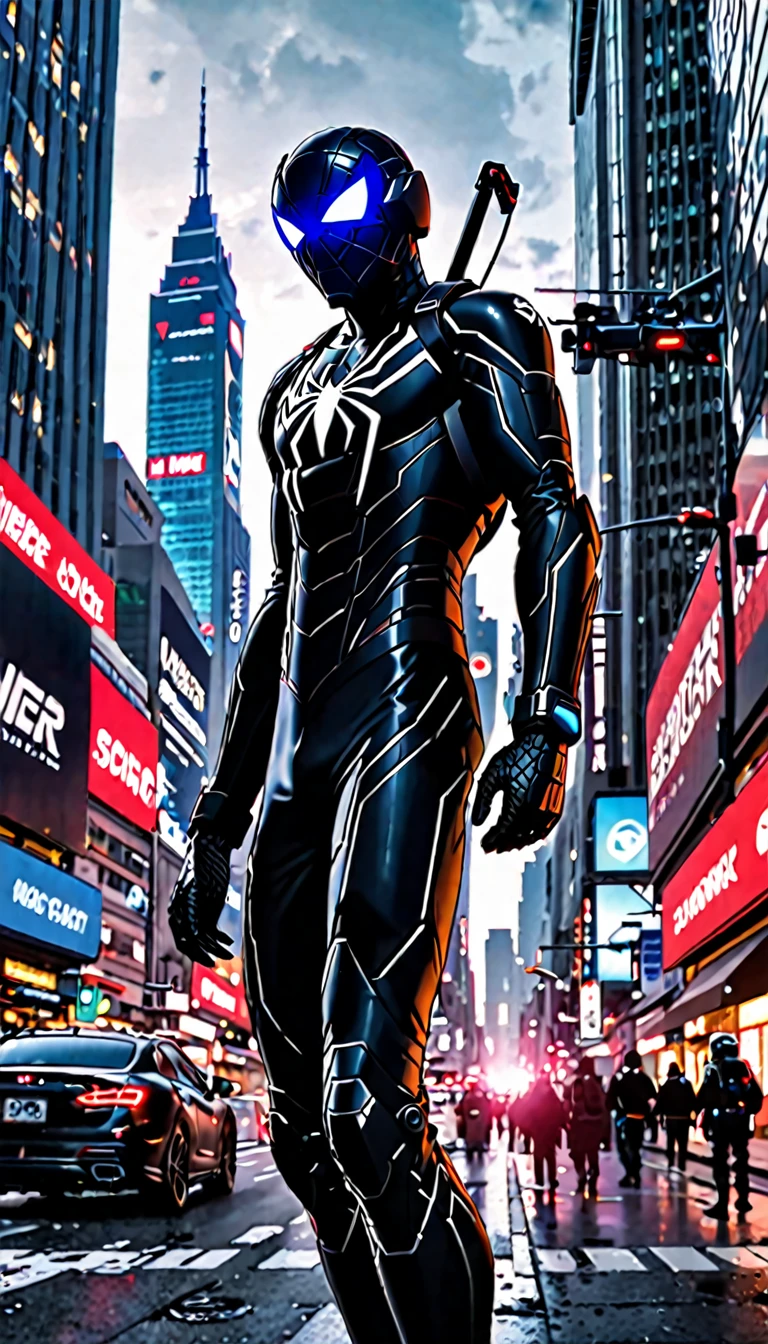 black blue High-Tech Spider man suit Armor black jacket
High-tech Spider tactical helmet sci-fi city