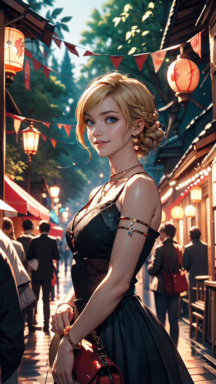 ((最high quality, 8K, masterpiece: 1.3, Ultra HD, high quality, 最high quality, High resolution, realism)) 、A 22-year-old extremely beautiful white woman、Hair color blonde、blue eyeedium Hair、Straight Hair、smile、Slender but well-proportioned body、Background blur((depth of field))、aerial perspective((atmospheric perspective))、I want my head to stay off screen、Wearing accessories on the wrist、Put an anklet on your ankle、Wearing red nail polish、I have a peticure、Disney((Disney))Tangled、Blonde long hair、Wear an off-the-shoulder dress、smile、A lake in the forest、A boat floating in the middle of a lake、Looking up at the many lanterns flying in the night sky