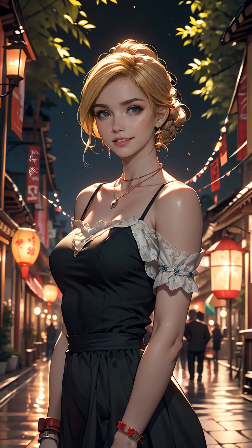 ((最high quality, 8K, masterpiece: 1.3, Ultra HD, high quality, 最high quality, High resolution, realism)) 、A 22-year-old extremely beautiful white woman、Hair color blonde、blue eyeedium Hair、Straight Hair、smile、Slender but well-proportioned body、Background blur((depth of field))、aerial perspective((atmospheric perspective))、I want my head to stay off screen、Wearing accessories on the wrist、Put an anklet on your ankle、Wearing red nail polish、I have a peticure、Disney((Disney))Tangled、Blonde long hair、Wear an off-the-shoulder dress、smile、A lake in the forest、A boat floating in the middle of a lake、Looking up at the many lanterns flying in the night sky