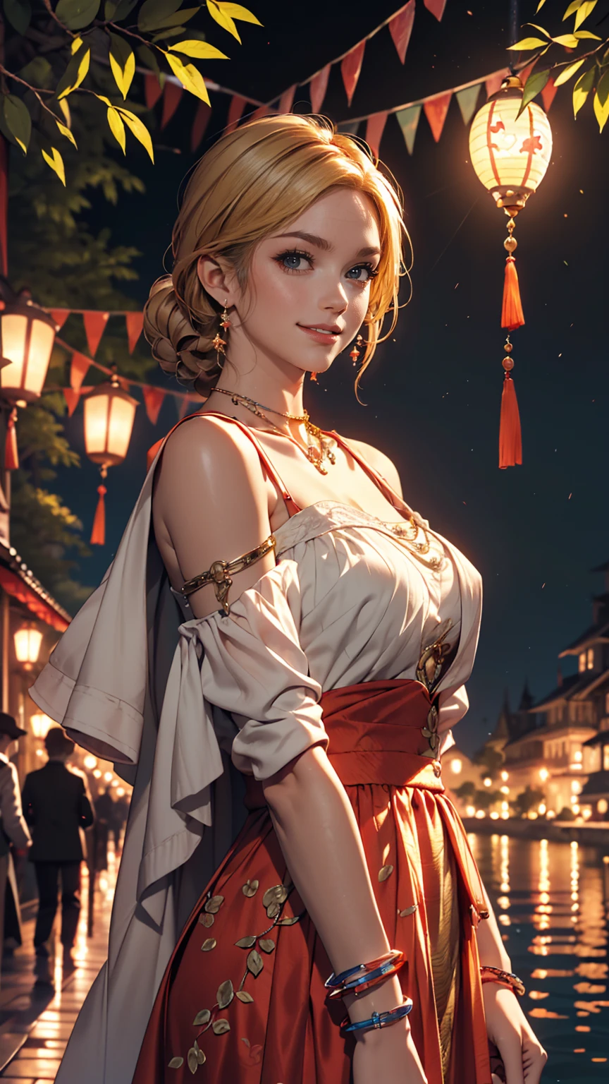 ((最high quality, 8K, masterpiece: 1.3, Ultra HD, high quality, 最high quality, High resolution, realism)) 、A 22-year-old extremely beautiful white woman、Hair color blonde、blue eyeedium Hair、Straight Hair、smile、Slender but well-proportioned body、Background blur((depth of field))、aerial perspective((atmospheric perspective))、I want my head to stay off screen、Wearing accessories on the wrist、Put an anklet on your ankle、Wearing red nail polish、I have a peticure、Disney((Disney))Tangled、Blonde long hair、Wear an off-the-shoulder dress、smile、A lake in the forest、A boat floating in the middle of a lake、Looking up at the many lanterns flying in the night sky