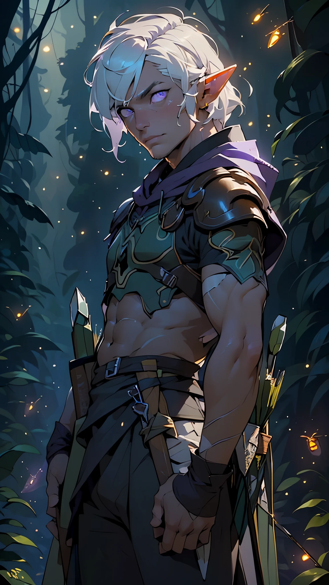 (masterpiece: 1.2), (very detailed: 1.2), (perfectly detailed), (very detailed and beautiful: 1.1), naked, muscular male, dynamic pose, shaved temples, thick stubble, has thick stubble, body hair, action scene, detailed face, at full height, nature magic, forest elf, conjuring nature magic, thorns, thorns wrap around the body, the king of thorns, elven clothes