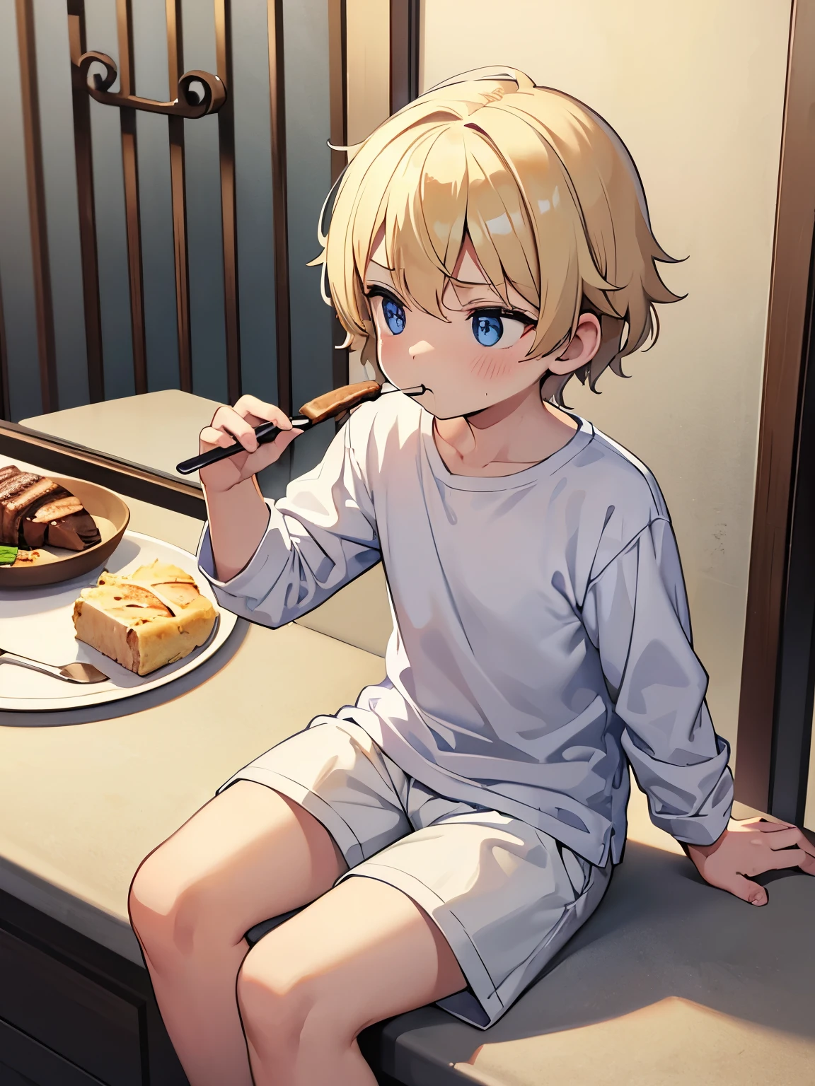 Baby boy,guy,1 years old,looking away, Eat steak on a plate,Short blonde hair,blue eyes,messy hair, wearing White t-shirt,plain t-shirt,long sleeve t-shirt, white shorts, Plain t-shirt,Sitting in prison,full body photo
