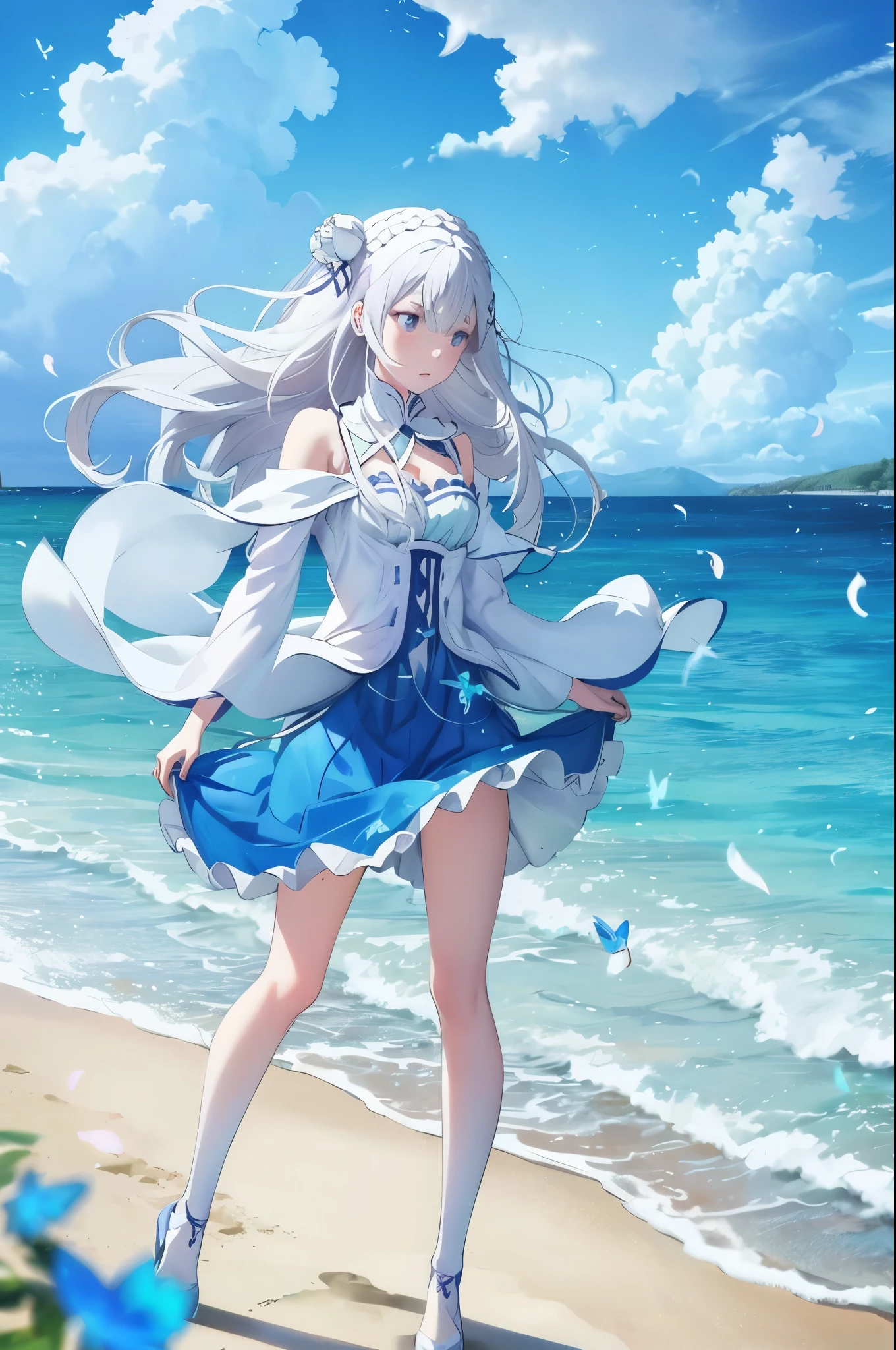 ，blue skirts，1girll，Emilia Re:zero, Emilia, crown braid, x hair ornament, flower hair ornament, white hair, long hair, medium breasts, purple eyes, long  white hair，Side Body，Stand on the edge of the beach，Glowing blue butterfly，falling flower petals，exteriors，​​clouds，Detail enhancement，best qualtiy，Perfect image quality，The wind blows the hair