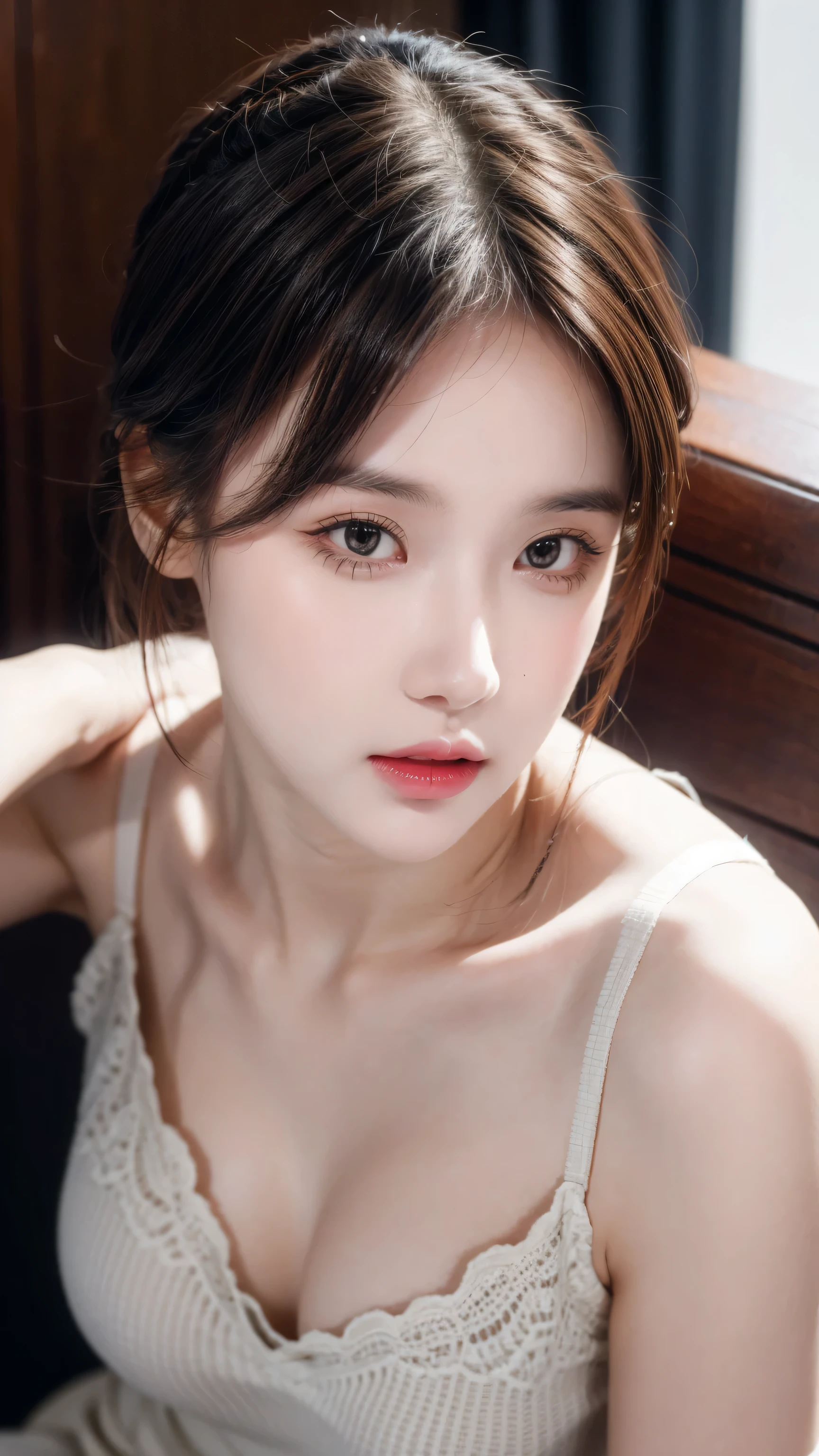 8k,best quality, masterpiece, Ultra-high resolution, (Reality:1.4), original photo, (Realistic skin texture:1.3), (Film Grain:1.3), (Selfie Angle),1 Girl, A bun hairstyle, Brown hair, sitting, Chair, boring, Chin on hand, Beautiful and detailed eyes and face,masterpiece, best quality,close up,Upper Body,