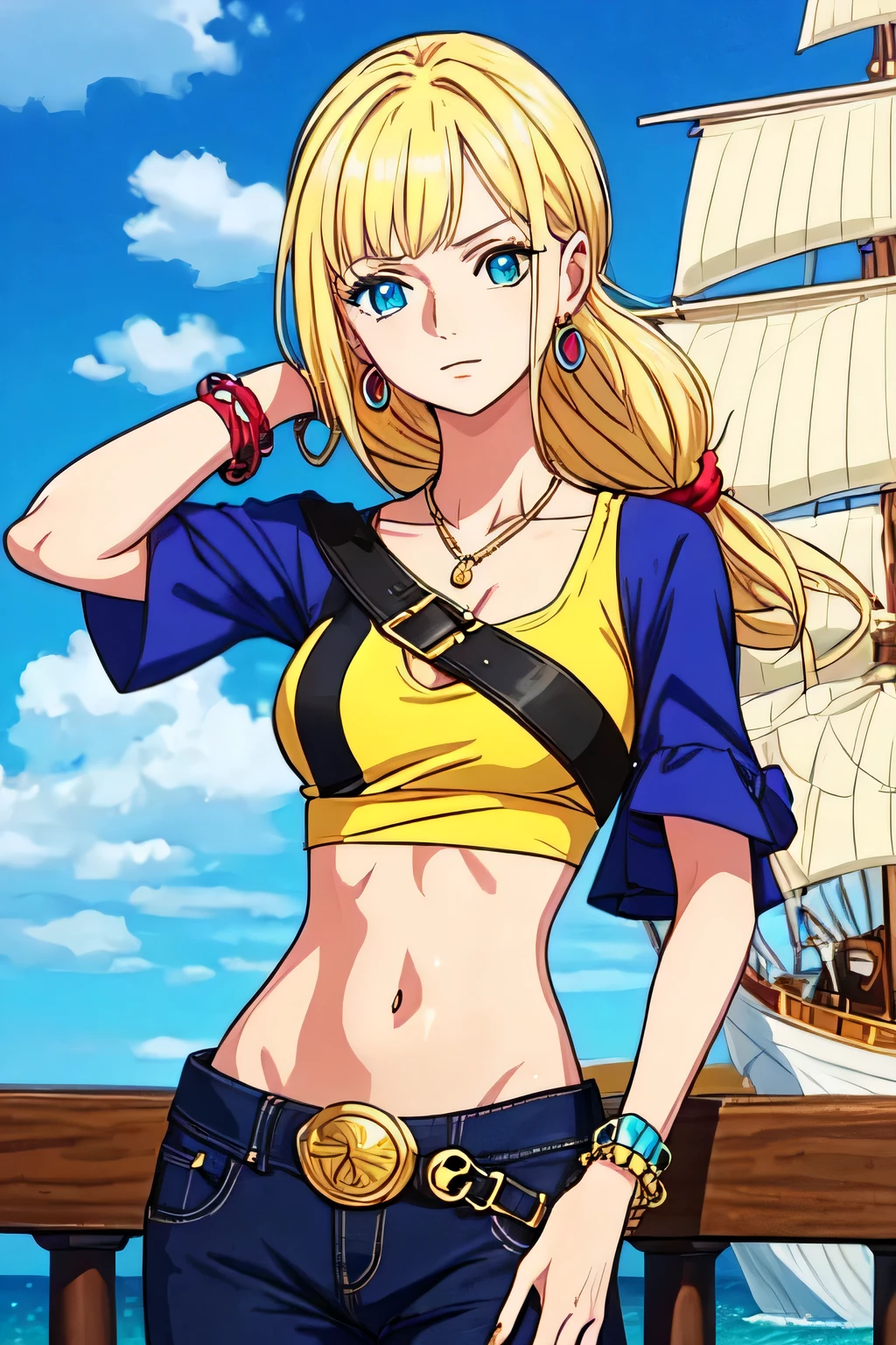 make a 2d character, woman, long hair tied up, blonde, without bangs, blue pupils, with a confident expression and older appearance, with a bracelet on her wrist, earring, with a bikini, a pair of pants, in a ship, medium tits, long cape, capitain