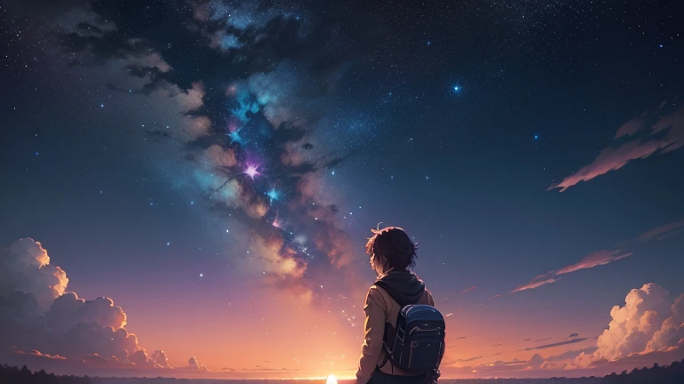 anime - escena de estilo de un hermoso cielo con una estrella y un planeta, cosmic skies. por makoto shinkai, Fondo de pantalla de arte anime 4k, Fondo de pantalla de arte anime 4K, fondo de pantalla de arte anime 8k, Fondo de pantalla animado 4K, fondo de pantalla animado 4k, Fondo de pantalla animado 4k, cielo animado, amazing wallpaper, fondo animado, planeta cielo en el fondo, fondo animado art