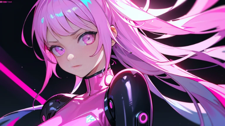 1 girl,Exquisitely Shining Eyes, pink neon ,Android, 女性Android , cyber punk,White one piece swimsuit,Rubber bodysuit, club,Dim lighting, neon signs,fc portrait, neon,cyber punk, Futuristic 