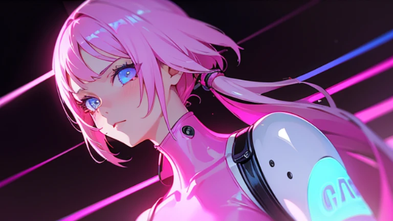 1 girl,Exquisitely Shining Eyes, pink neon ,Android, 女性Android , cyber punk,White one piece swimsuit,Rubber bodysuit, club,Dim lighting, neon signs,fc portrait, neon,cyber punk, Futuristic 