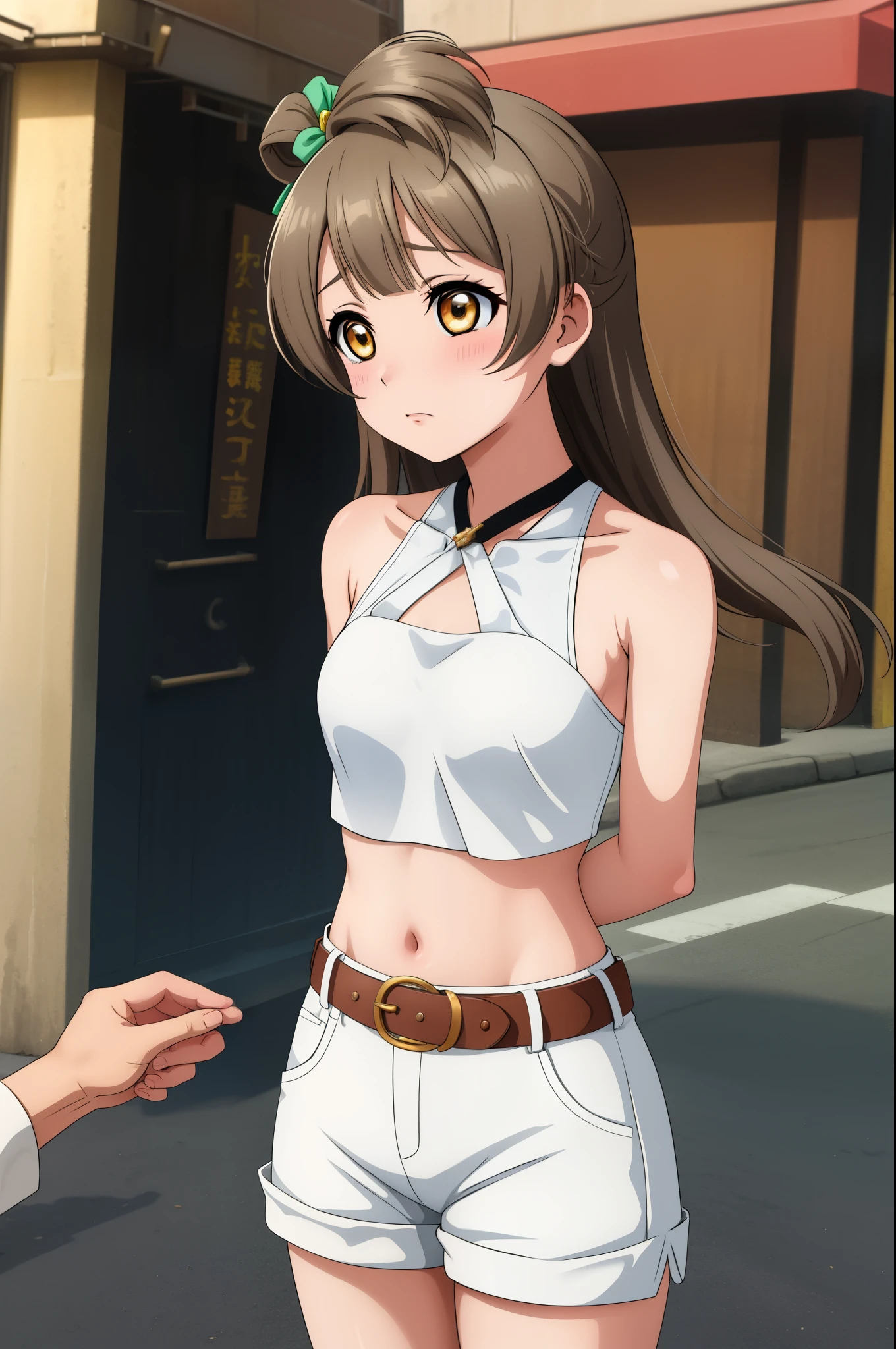 Masterpiece,solo focus, bar, before crying,minami kotori, cowboy shot,white shorts, crop top, halter neck, arms behind back,in street, thighs ,belt