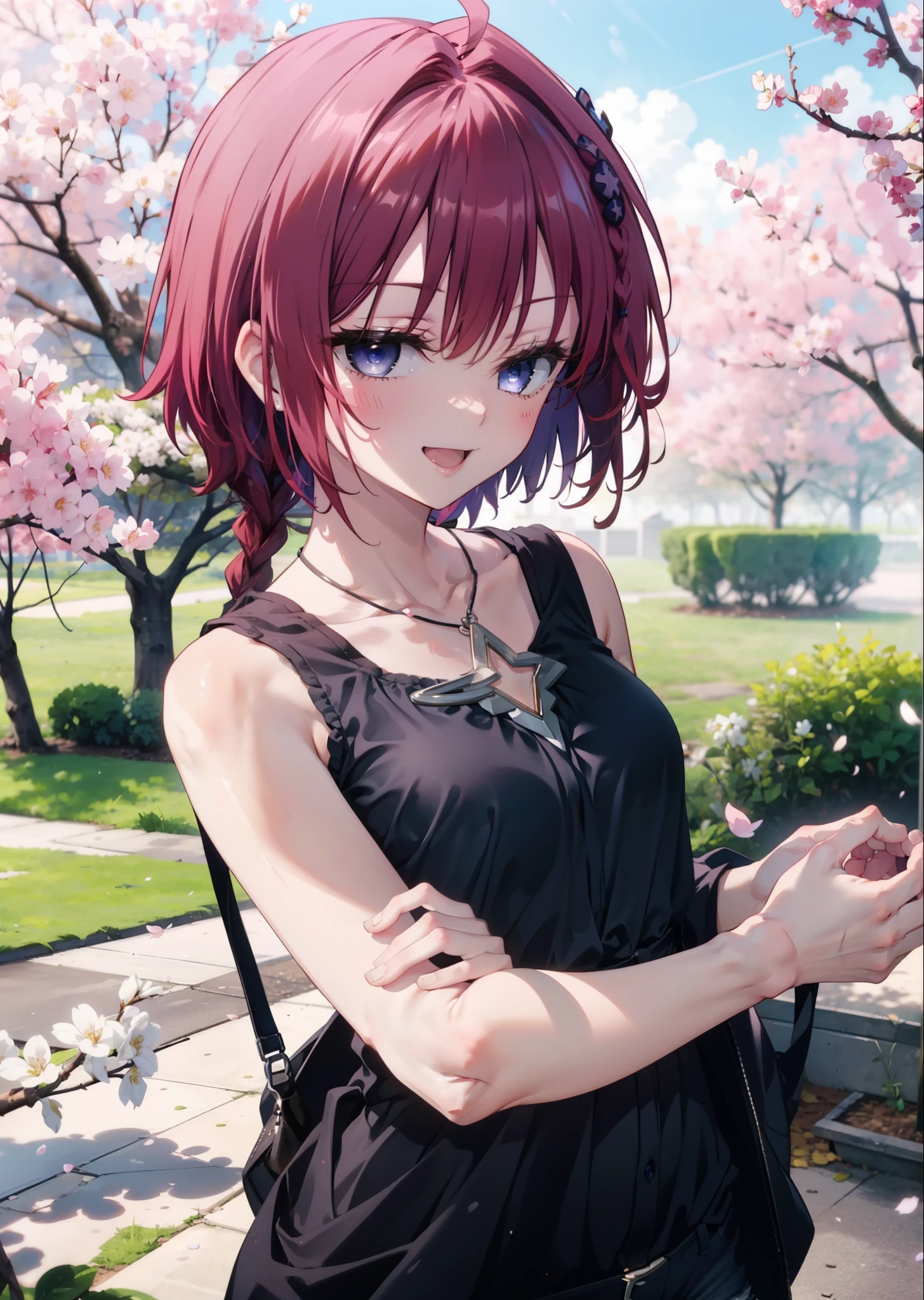 (masterpiece, highest quality:1.2),shape,8k,hd,kurosaki mea,Cowboy Shot,So that the whole body goes into the illustration,1 girl,happy smile, smile, Open your mouth,red hair long hair,Long braids all over the body,Upper Body,(Portraiture:1.2),hair ornaments,smile,Purple eyes,Medium chest,Black sleeveless dress,Bare arms,,Star-shaped necklace,Short denim pants,White pantyhose,short boots,garden,Cherry blossoms are blooming,Cherry blossoms are scattered,Cherry blossom tree-lined path,Clear skies,Daytime, (Cowboy Shot:1. 5),(masterpiece:1.2), highest quality, High resolution, unity 8k wallpaper, (shape:0.8), (Beautiful and detailed:1.6), Highly detailed face, Perfect lighting, Highly detailed CG, (Perfect hands, Perfect Anatomy),