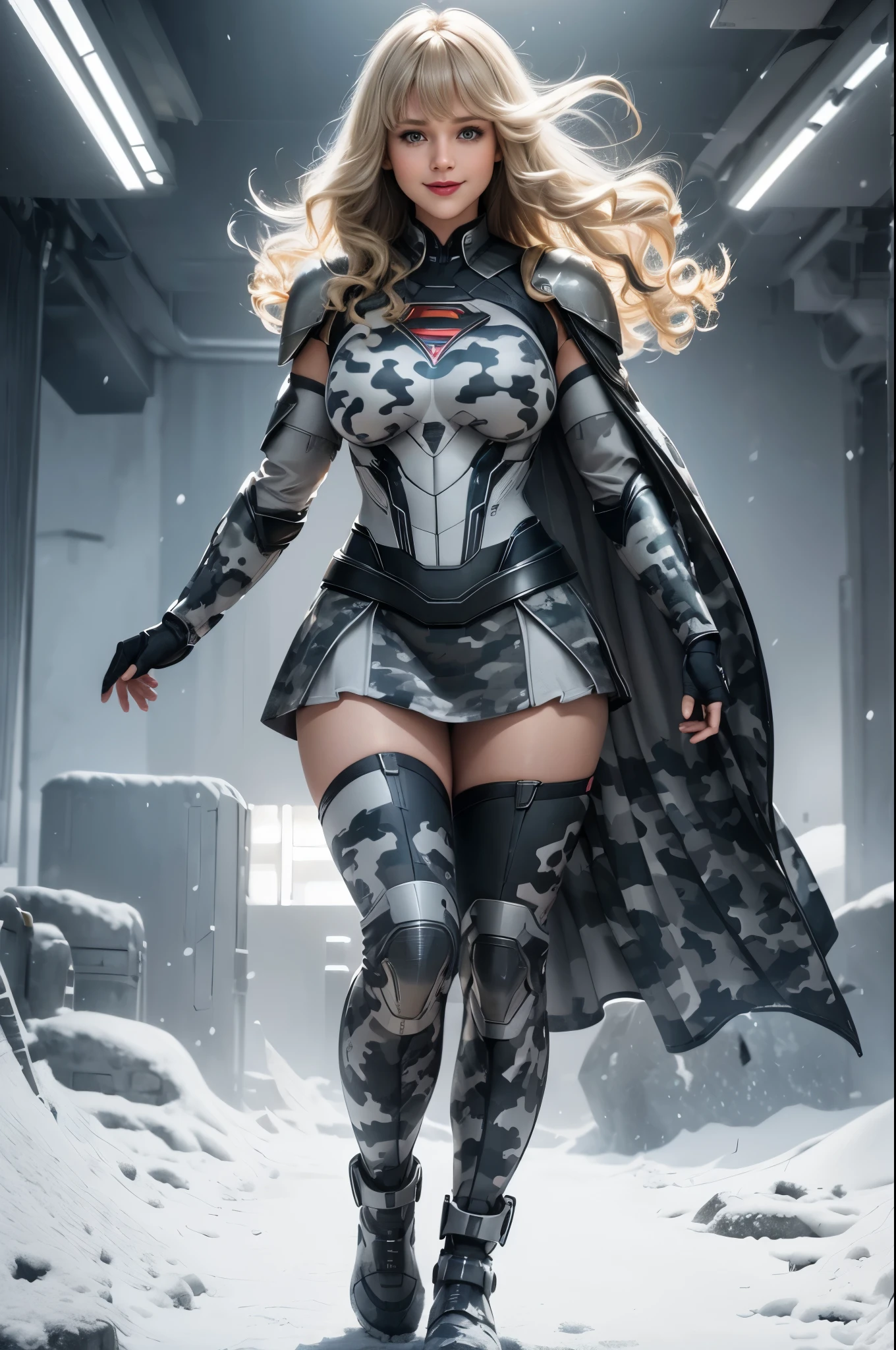 Supergirl, 27 years old, full body view, full body view, full body view, Beautiful woman shoulder length curly blonde hair, two side up with bangs, ringlets, shoulder length curly blonde hair with bangs, two side up, ringlets, shoulder length curly blonde hair with bangs, two side up, ringlets, defined body, (large_breasts:1.5) Red lipstick, smiling slightly, hands free, standing facing camera, (( white, light gray, dark gray, camouflage futuristic armor with skirt)), snowy field, daytime (curvy:1.2)