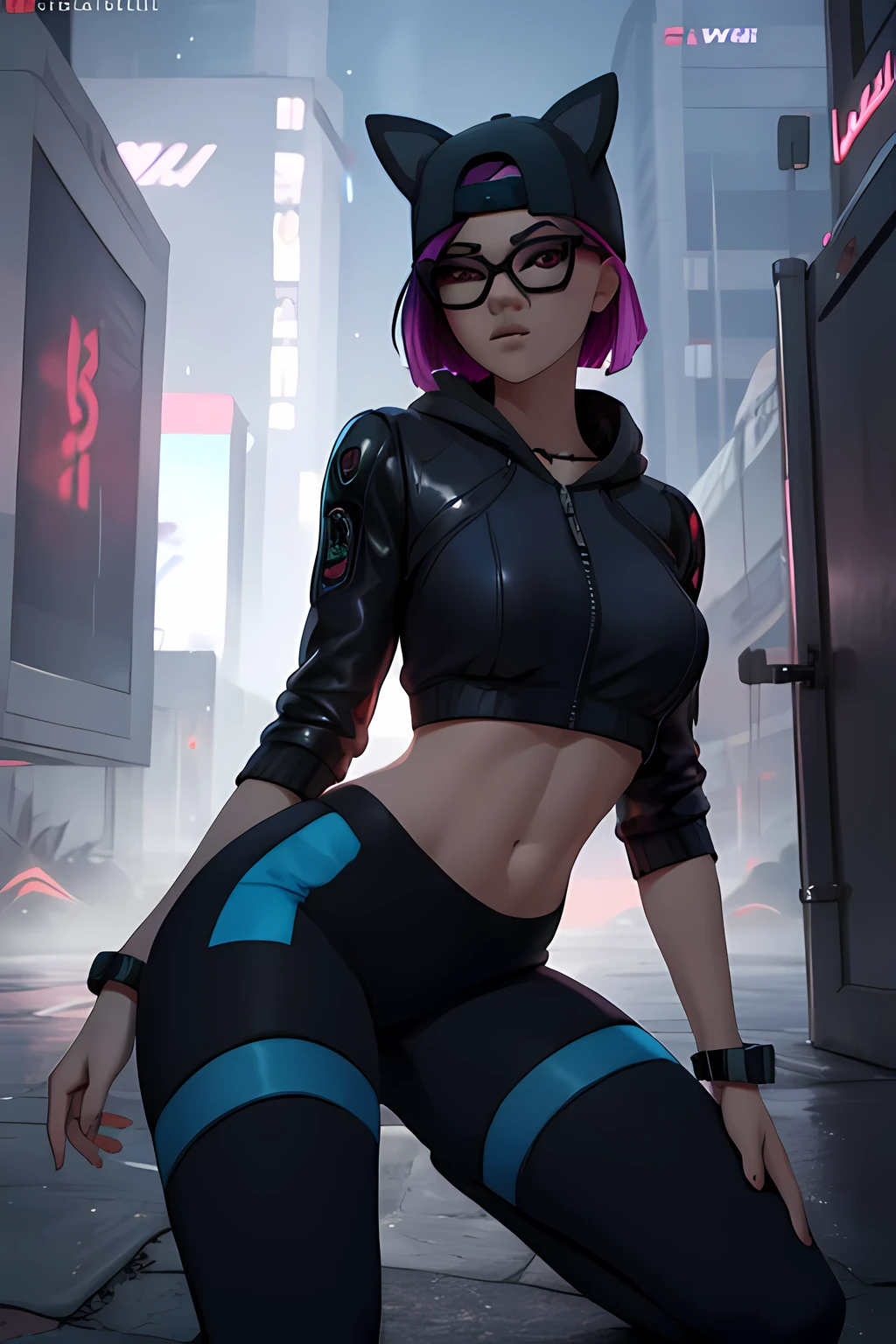 Traje de lynx Cyberpunk, Noche, pulsera de picos,gorra, shorts negro con Azul leggins Negro ,chaqueta azul oscuro ,Extremadamente detallado, rostro detallado, gafas ,hermoso rostro, ojos finos, mirando al espectador, pose femenino.