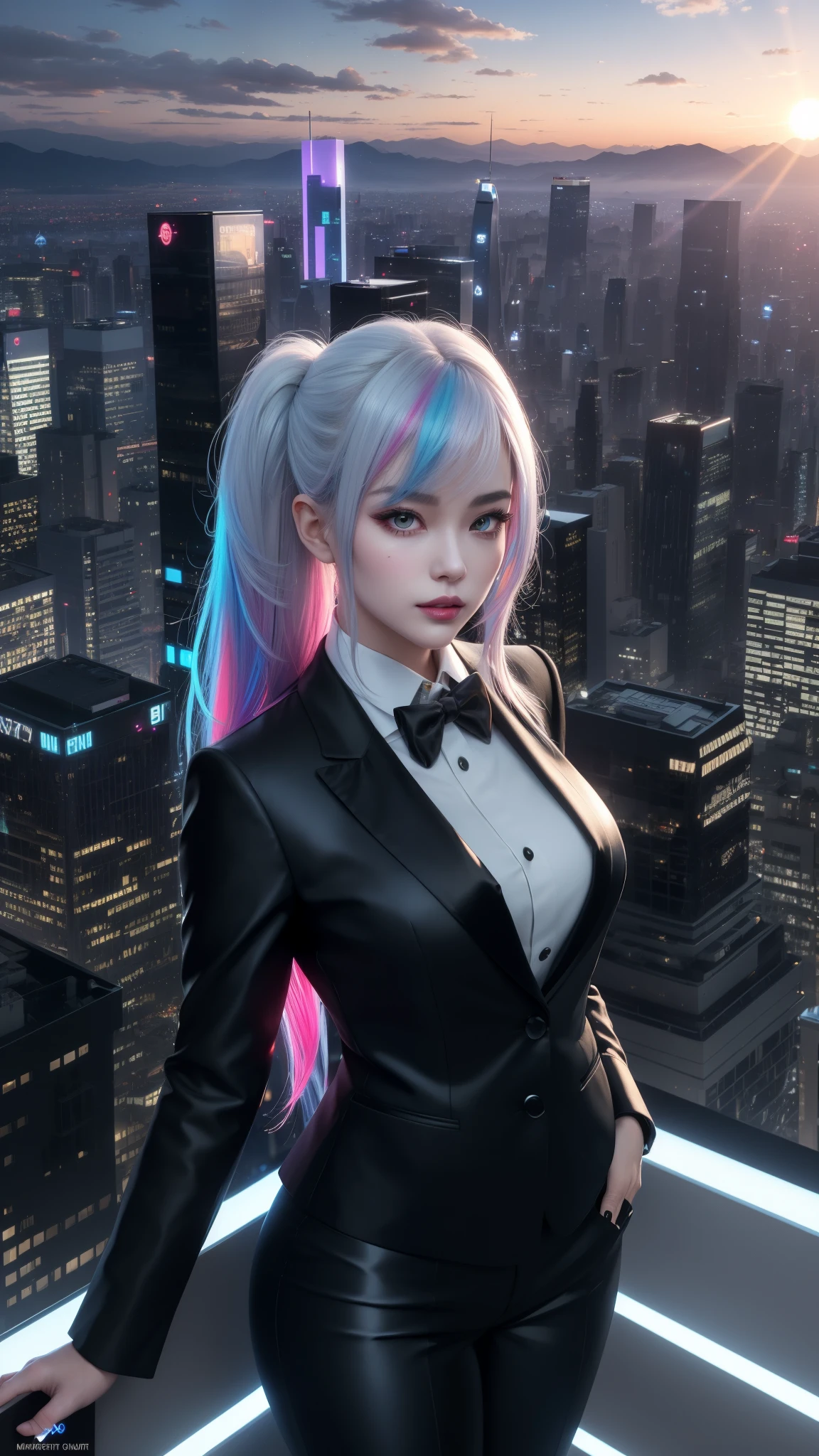 (masterpiece), high details, high quality, photorealistic, hyper-detailed, realistic skin texture, perfect face, (A beautiful mature woman in Tuxedo suit), elegant girl, cool girl, (smirk), Arrogant demeanor, (full details tuxedo suit, suit jacket, black bowtie, blazer, straight pant, double-breasted waistcoat, reflecting light, silver trim), white neon lights, silver light, glowing, plump lips, glossy lips, light makeup, hourglass body shape, narrow waist, (random hairstyles, expressive hair, shiny hair, glowing hair, multicolored hair, gradient hair, colored inner hair), (twilight sky, cyber buildings on the mountain,on the rooftop, sunset light, clouds, floating island with many cyber buildings Sci-Fi as background, high details background), fantasy art, high quality detailed art, colorful fantasy mixed with realism, cyber art style, a beautiful fantasy smart girl, charming, black and white color schemes, standing pose ,a view from above that shows city below,