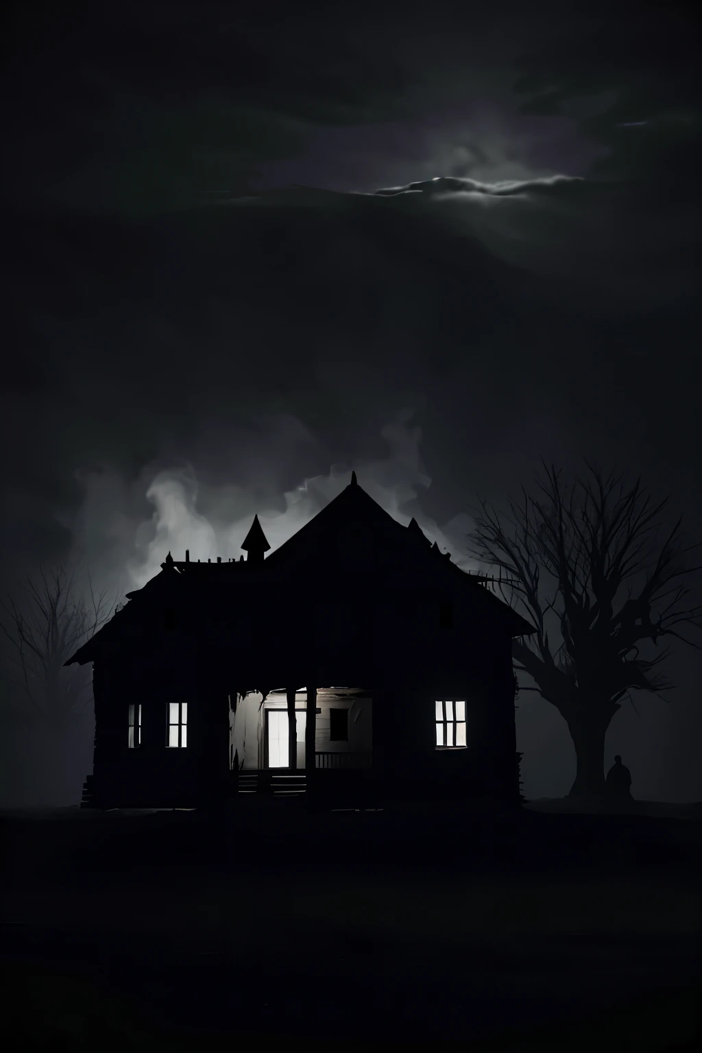 A black ghostHOVERS over an old wooden house, clad in a frayed and tattered sheet, emitting an eerie and unsettling aura. The wood creaks beneath the weight of its presence, as the ghost's ghostly eyes, glowing with an ethereal light, fixed on the house, filled with an inexplicable sadness and anger. The sheet billows out in the chilly wind, revealing the ghost's formless yet menacing silhouette. The room inside the house, bathed in soft light, is filled with an ominous stillness, as the ghost's haunting whispers echo through the aged walls. ((old haunted house: